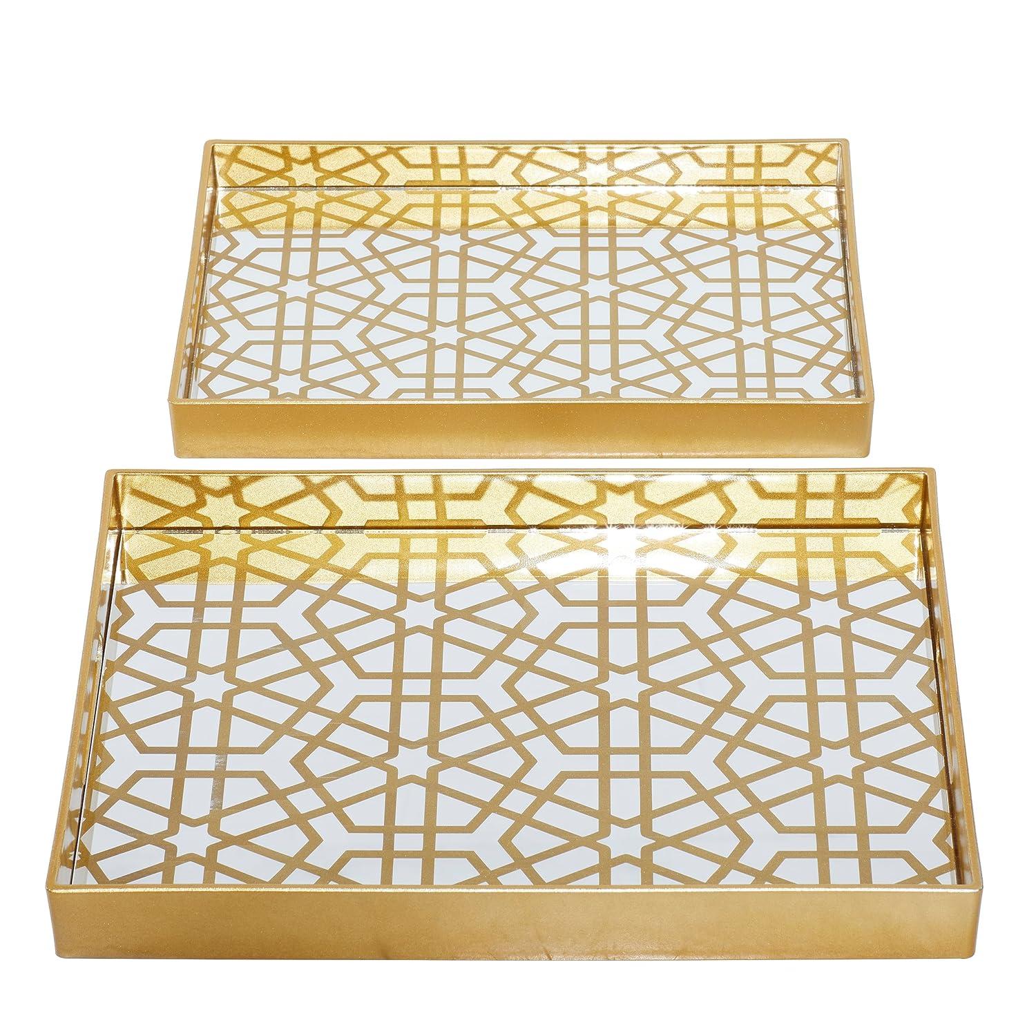 CosmoLiving by Cosmopolitan Plastic Mirrored Geometric Decor Gold Tray Set