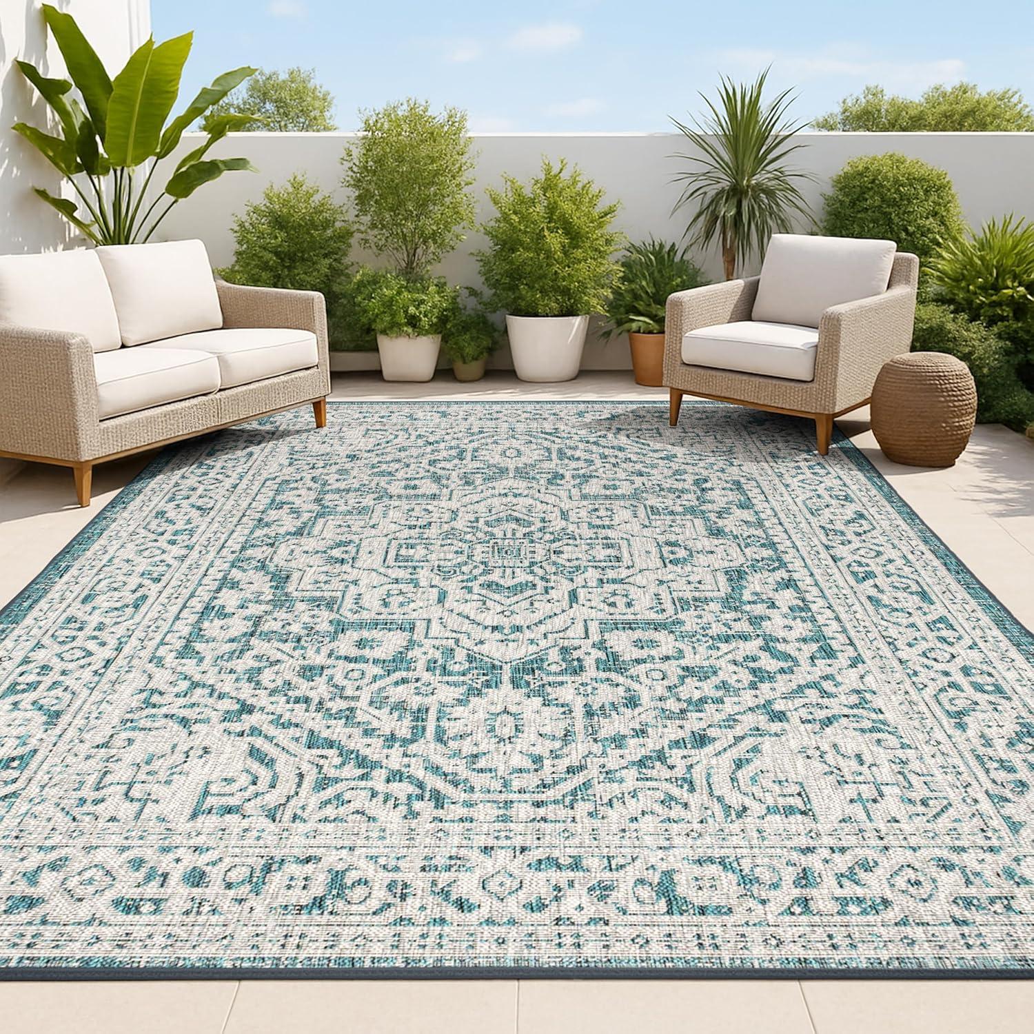 3'x5' Sinjuri Medallion Textured Weave Indoor/Outdoor Area Rug,  Teal Blue/Gray - JONATHAN Y