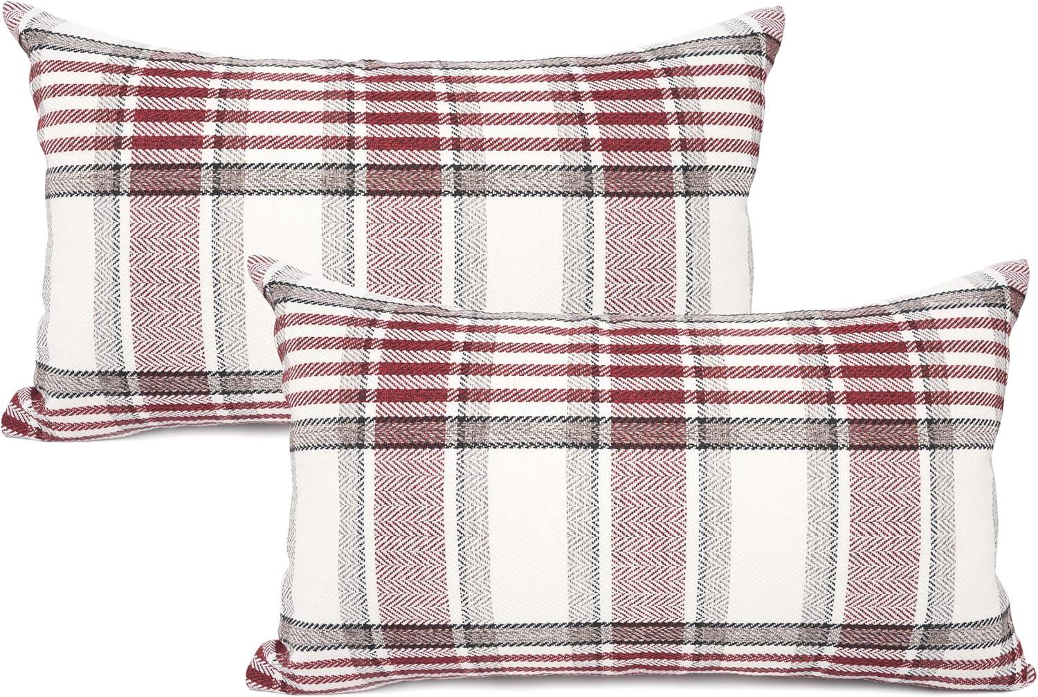 Fundas de Almohada de Lino y Algodón con Rayas a Cuadros de Búfalo Rojo, 18x18 Pulgadas, Juego de 2, Estilo Granja Vintage