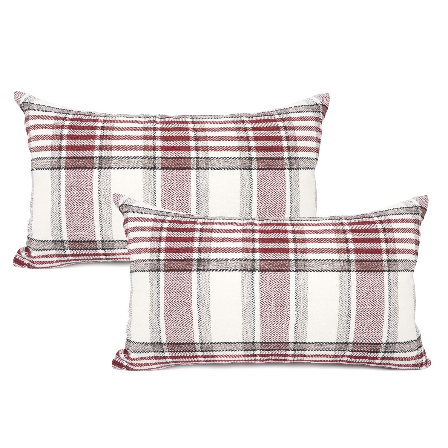 Fundas de Almohada de Lino y Algodón con Rayas a Cuadros de Búfalo Rojo, 18x18 Pulgadas, Juego de 2, Estilo Granja Vintage