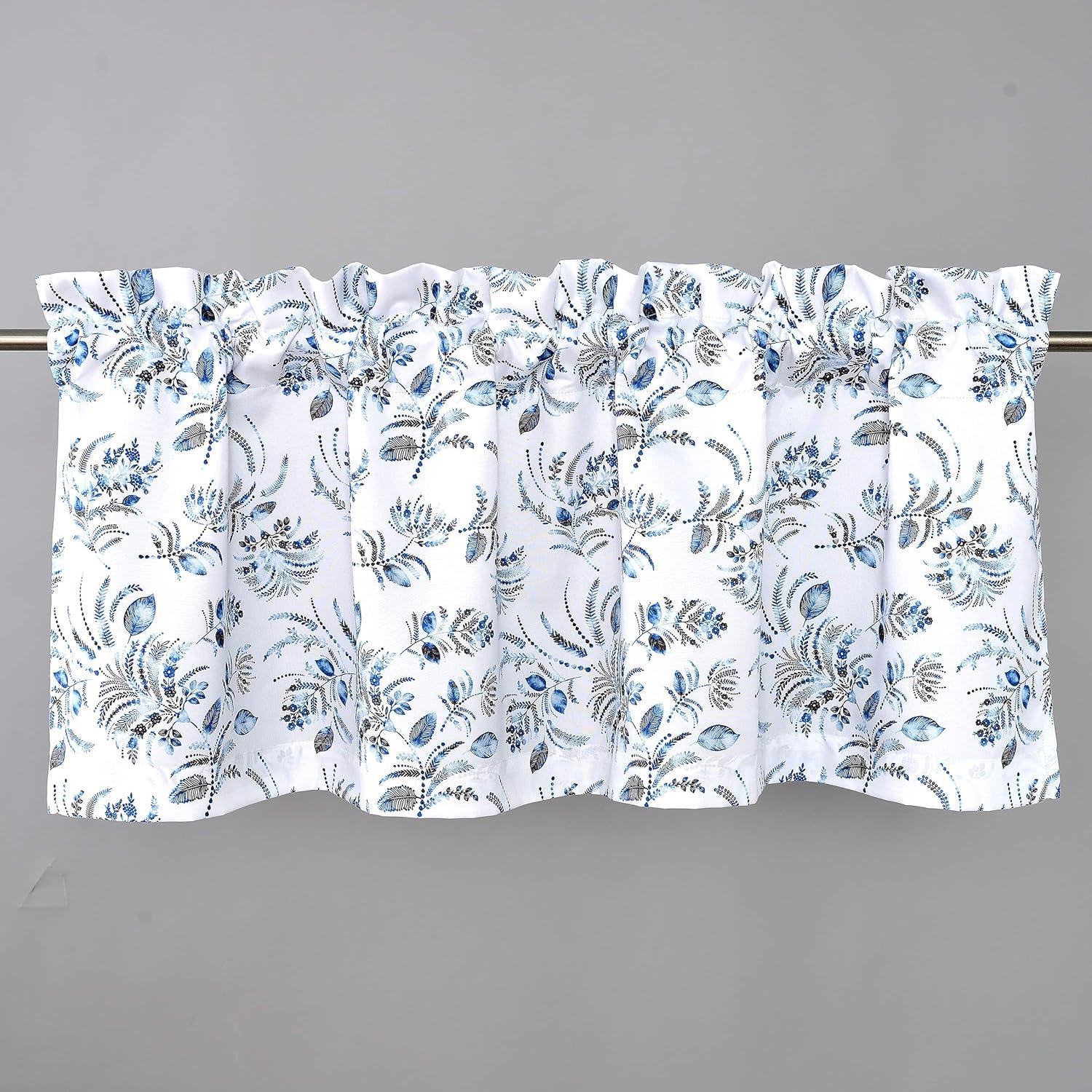 Navy Blue Floral Leaves Rod Pocket Valance, 52 x 18 Inch