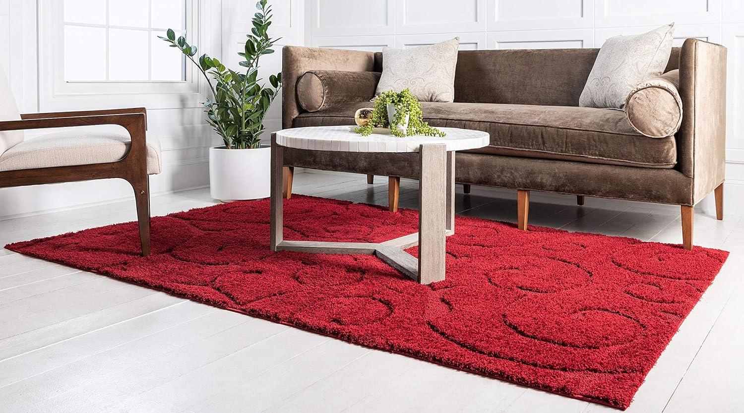 Unique Loom Floral Shag Collection Area Rug - Carved (9' x 12' Rectangle Red)