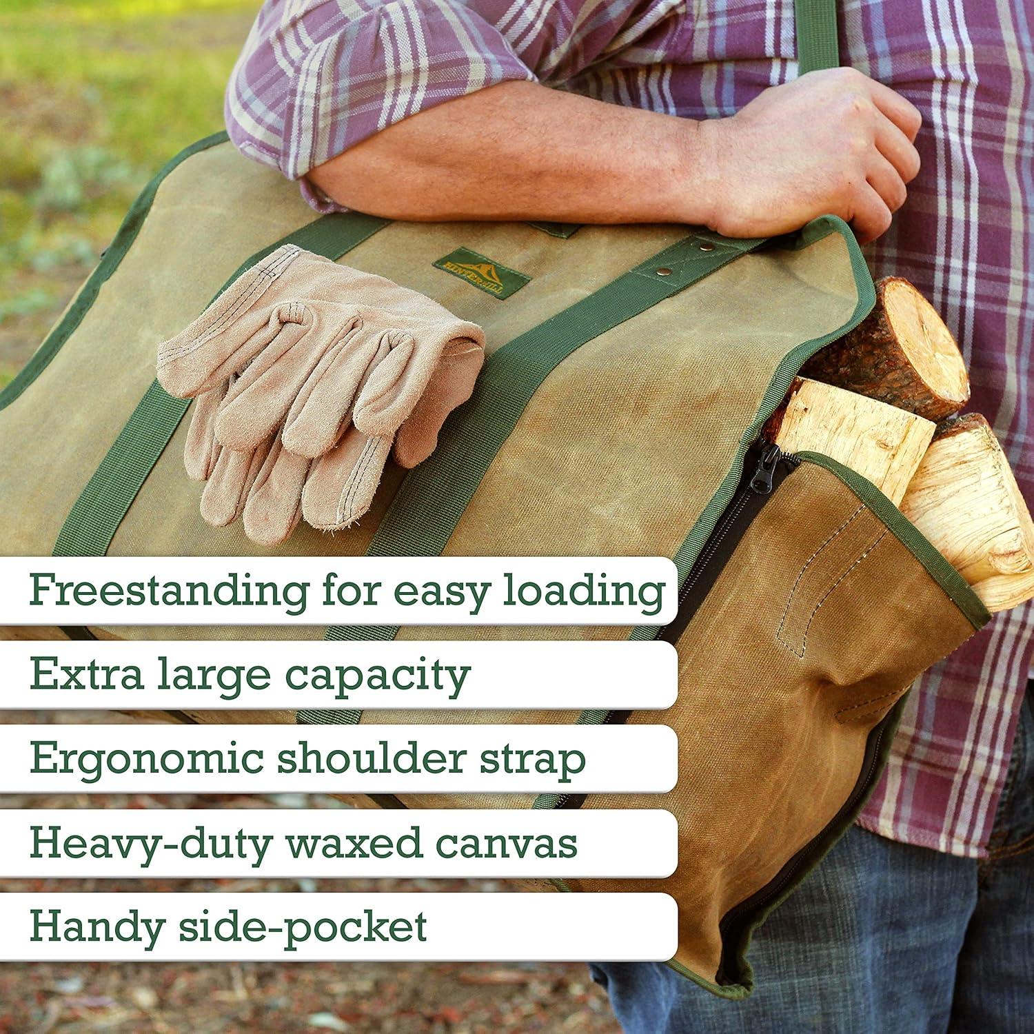 HinterHill 2-in-1 Firewood Carrier Bag Heavy-Duty Waxed Canvas. Adjustable Log Carrier with Zip up or Down Sides for Longer Logs and to Keep Dirt and Debris Inside the Bag.