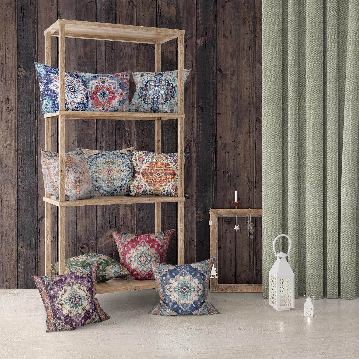 Boho Green Throw Pillow Covers 18x18 inch Set of 2,Bohemian Carpet Double Sided Pattern Soft Plush Cushion Cover for Couch Sofa Bed Decorative,Only Pillowcase (No Insert)