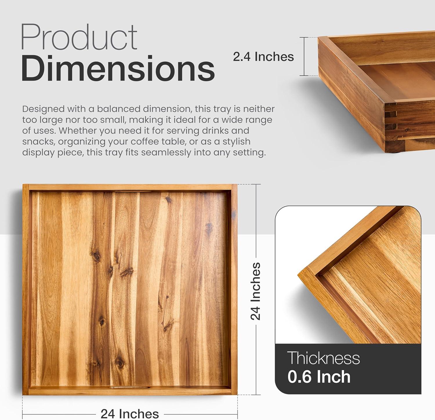24 Inch Acacia Wood Ottoman Tray - Wooden Square Serving Tray with Handles - Extra Large Food Serving Trays for Decorative, Coffee Table, Breakfast in Bed - Charcuterie Trays Use for Kitchen