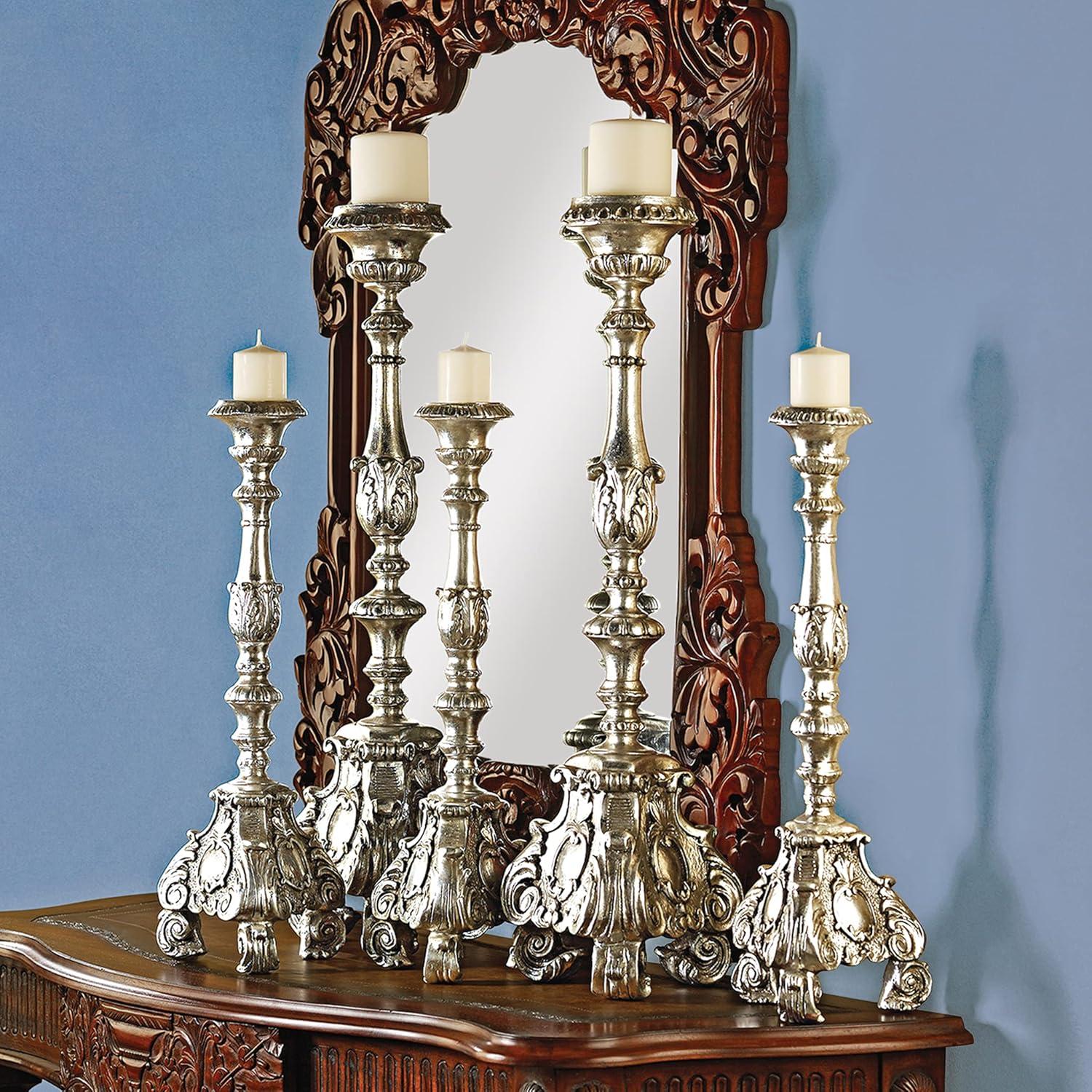 Elegant Baroque Scroll-Footed Silver Leaf Resin Candlesticks, Set of 2