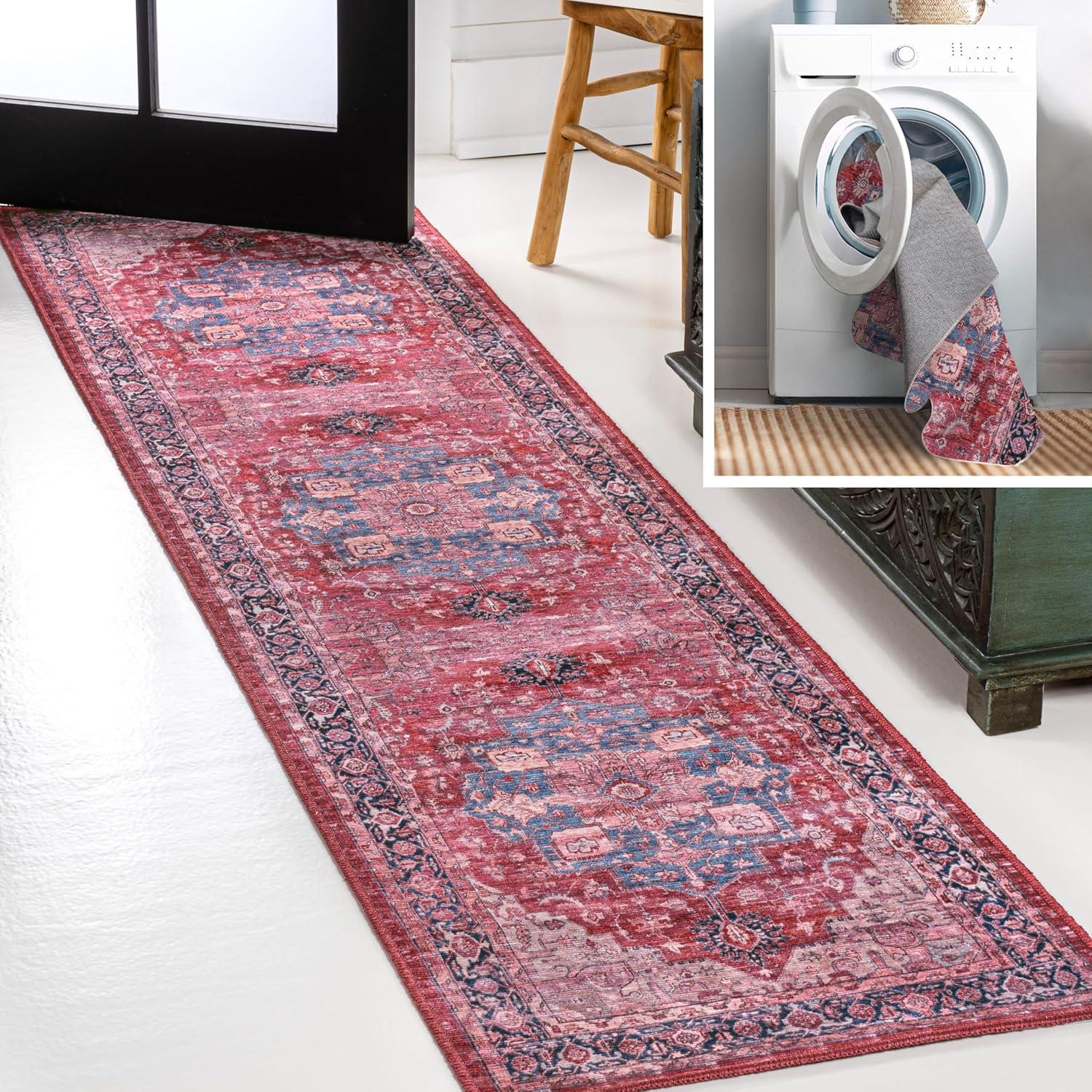 Maris Ornate Medallion Machine-Washable Red/Black/Blue 2 ft. x 8 ft. Runner Rug - JONATHAN Y
