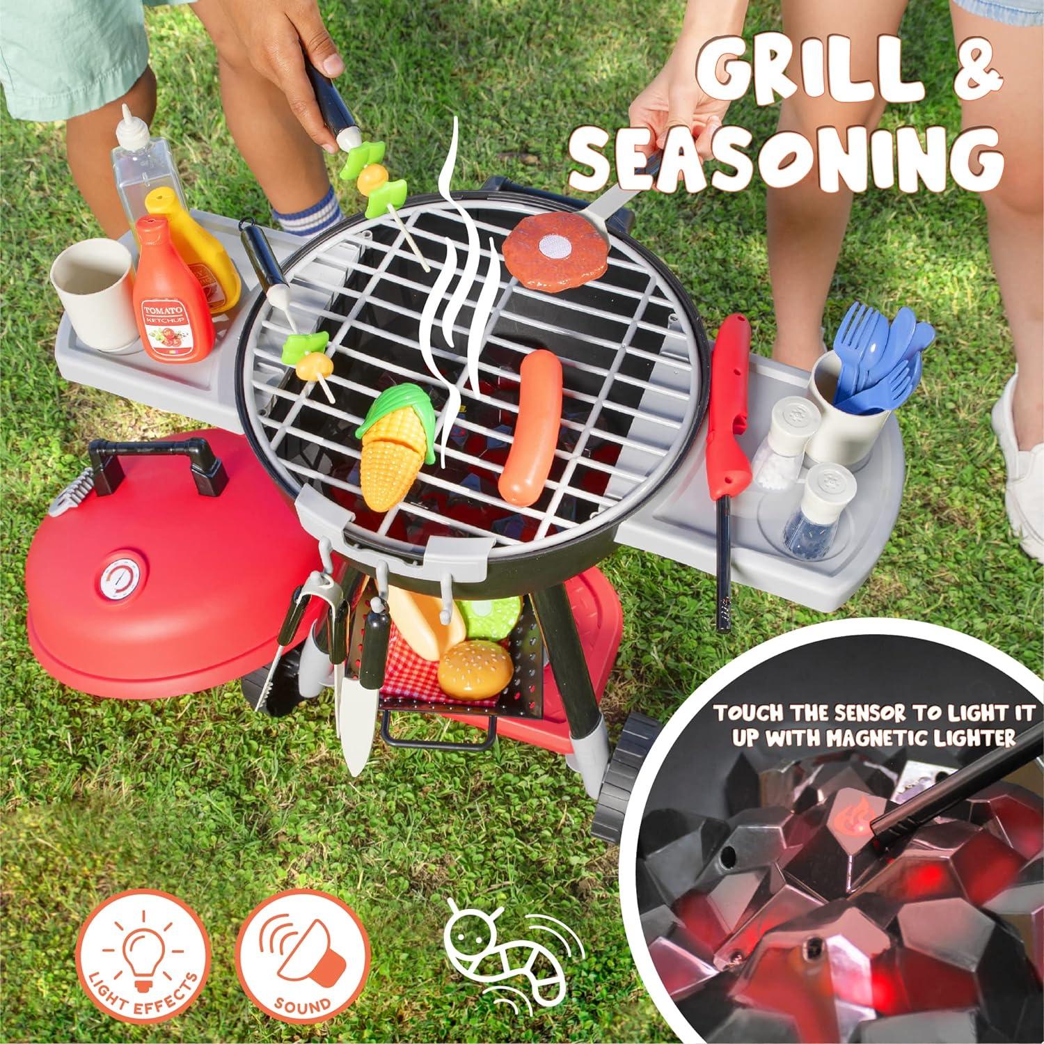 SYNCFUN 34Pcs Portable Charcoal Grill Toy Set Kitchen Toy Set, Toy BBQ Grill Set, Little Chef Play, Kids Grill Playset ,Birthday Gift for Boys Girls