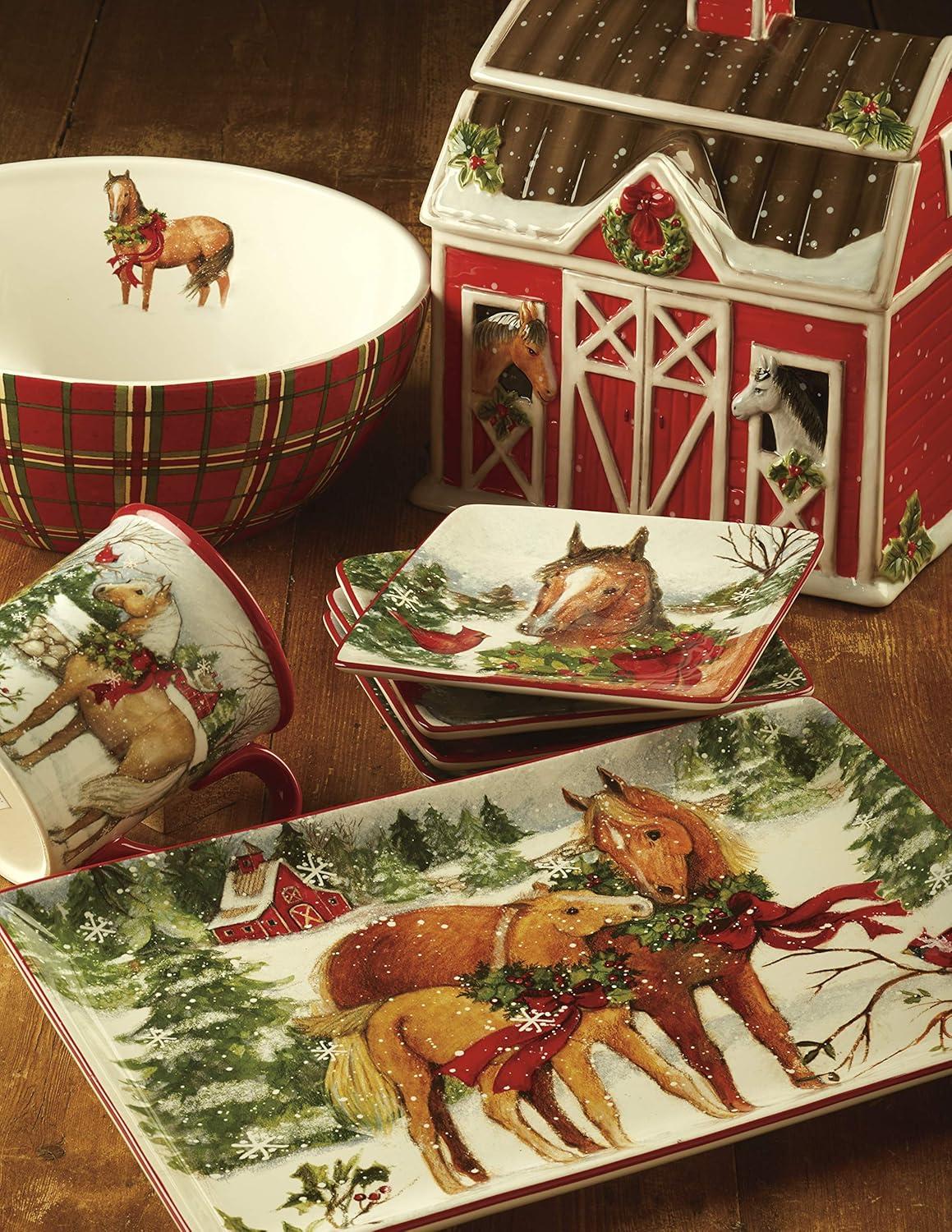 Red Ceramic Christmas Farm Horse Mug Set, 18 oz, 4-Pack