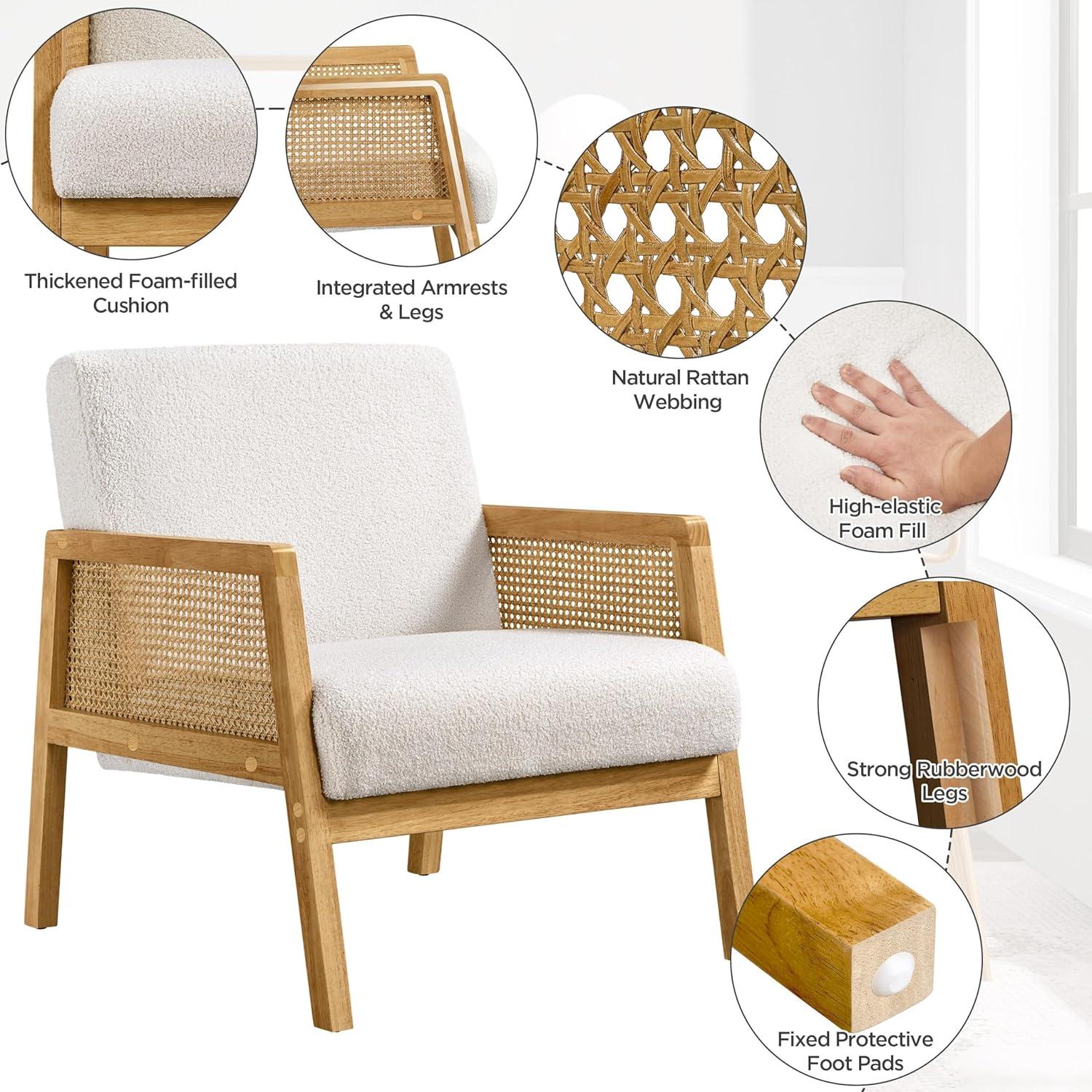 Yaheetech Fabric Upholstered Accent Chair with Rattan Armrest and Wood Legs