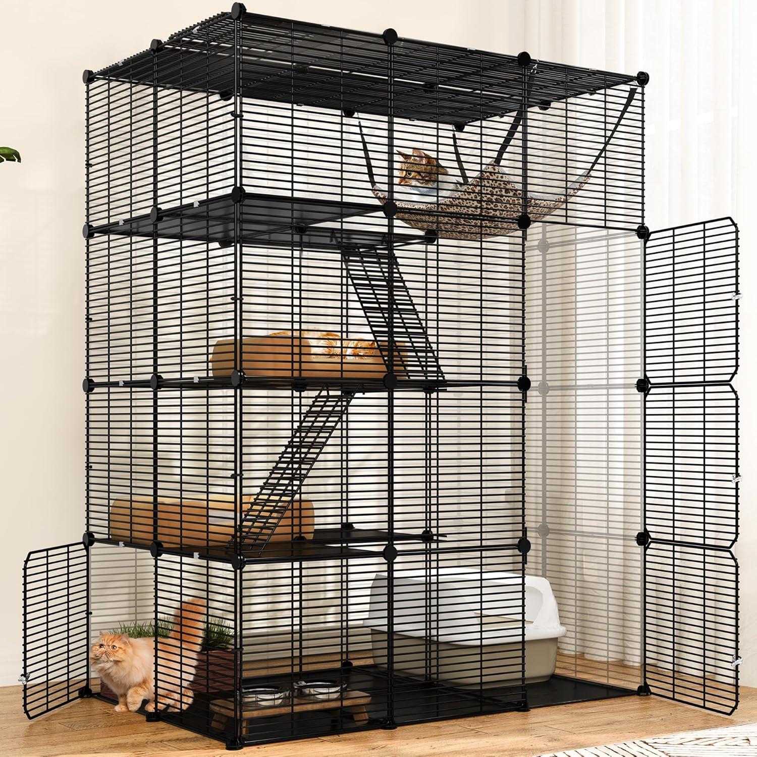 Large Black Metal 4-Tier Cat Cage with Hammock