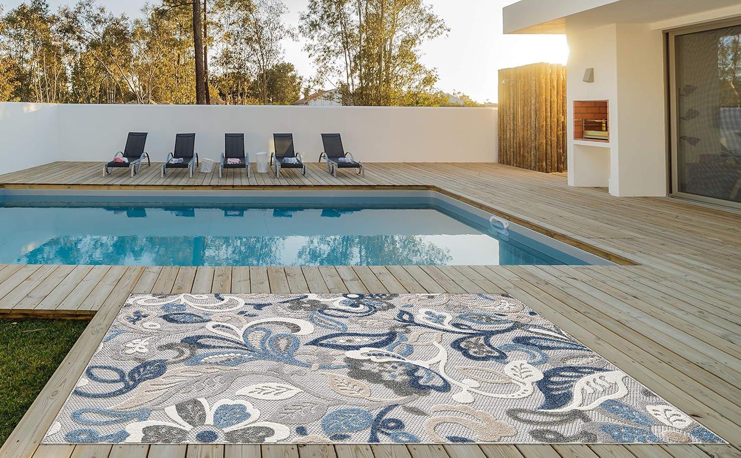 Medium Blue and Gray Synthetic Stain-Resistant Rectangular Rug