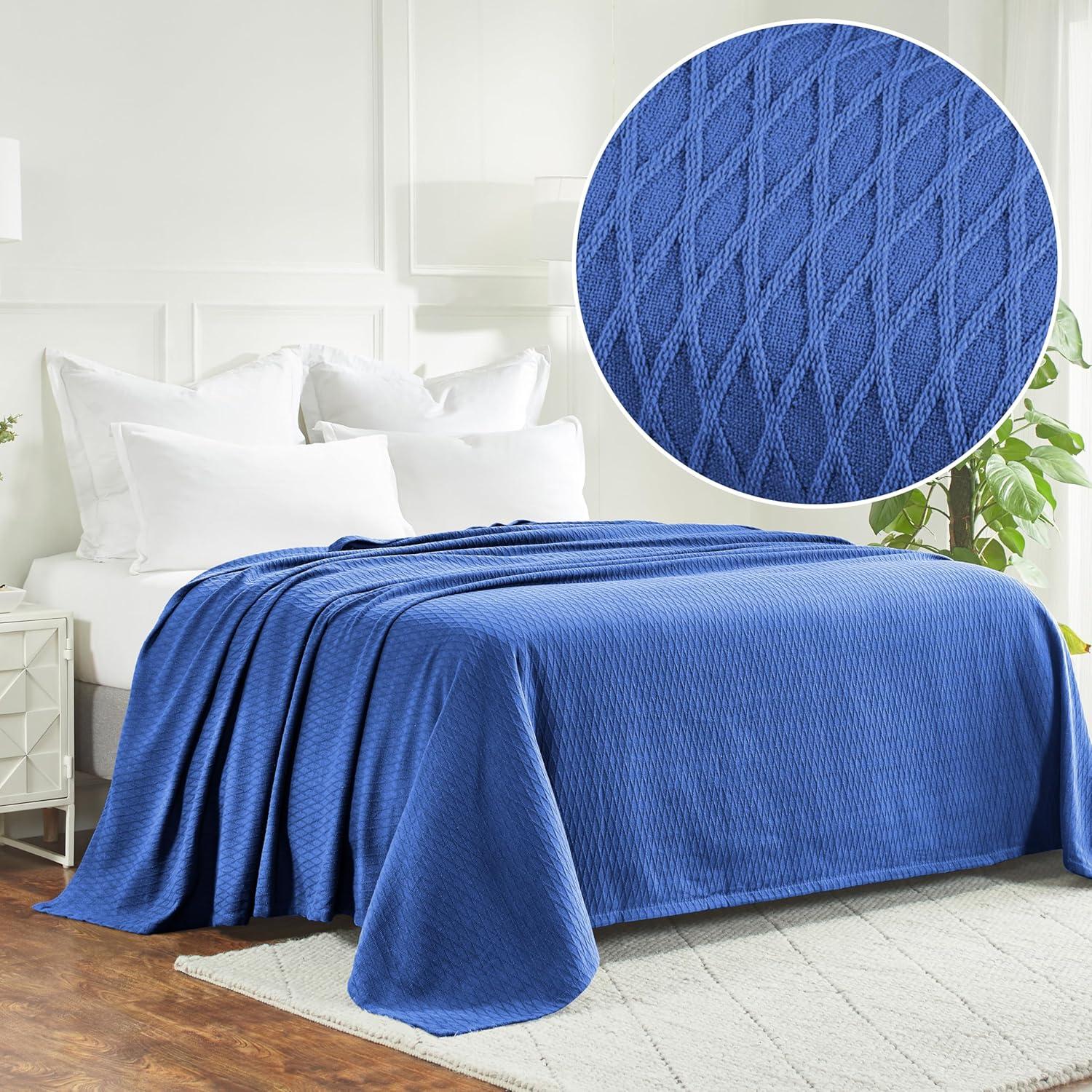 Merritt Blue Cotton Diamond Weave Knitted Throw Blanket