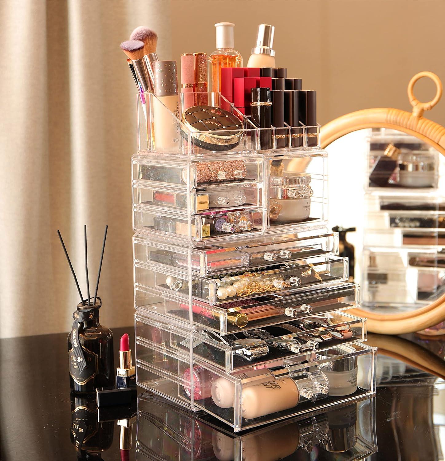 Cq acrylic 4 Pack Clear Make up Organizer Countertop,Stackable 9 Drawers Makeup Storage,Cute Vanity Organizers for dresser Hair Clip,Jewelry,Beauty Product Desk and Bathroom Organizers and Storage