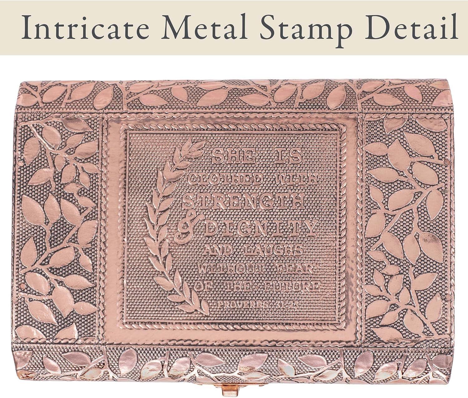 Cottage Garden Strength Copper Tone Metal Stamped Round Top Trunk Keepsake Box