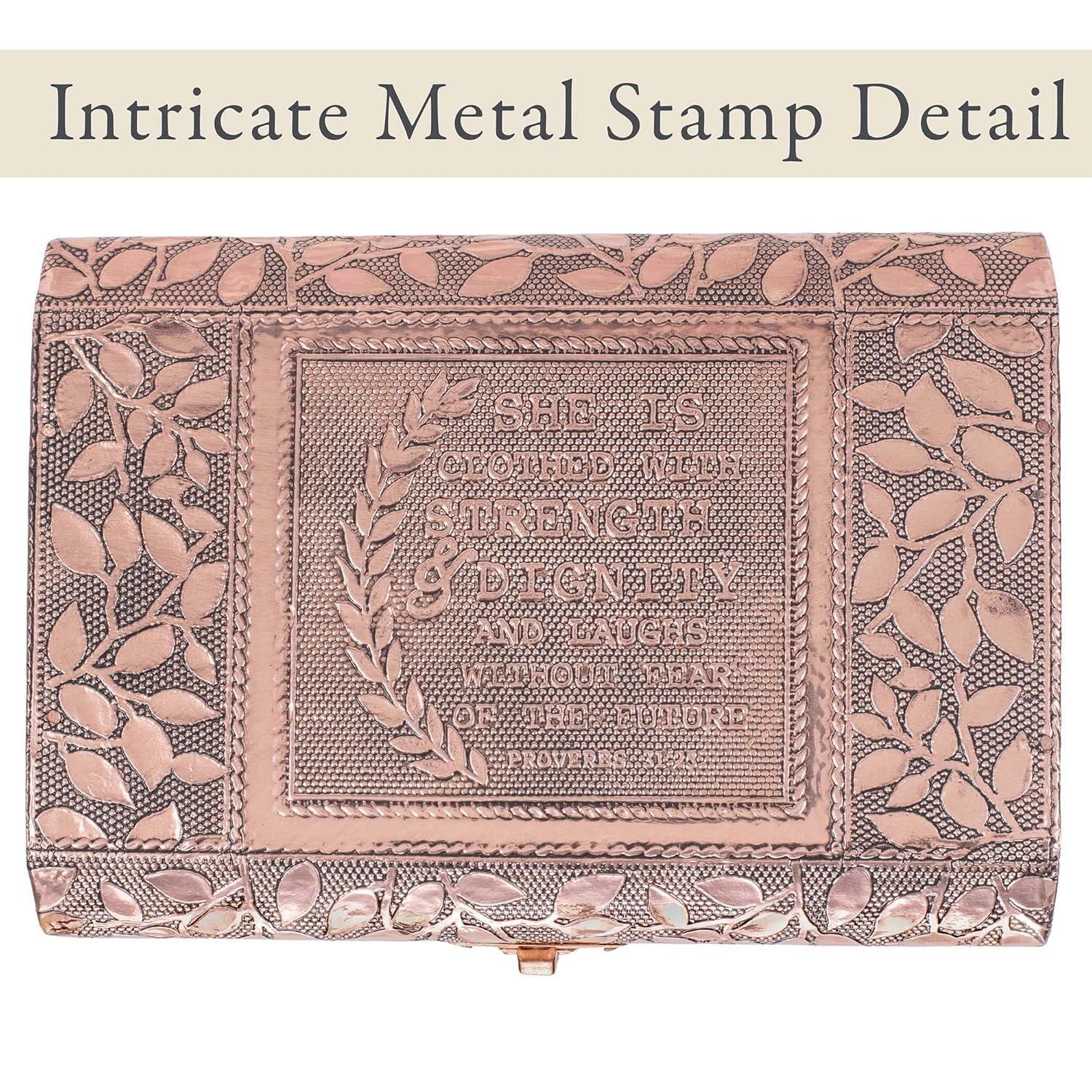 Cottage Garden Strength Copper Tone Metal Stamped Round Top Trunk Keepsake Box