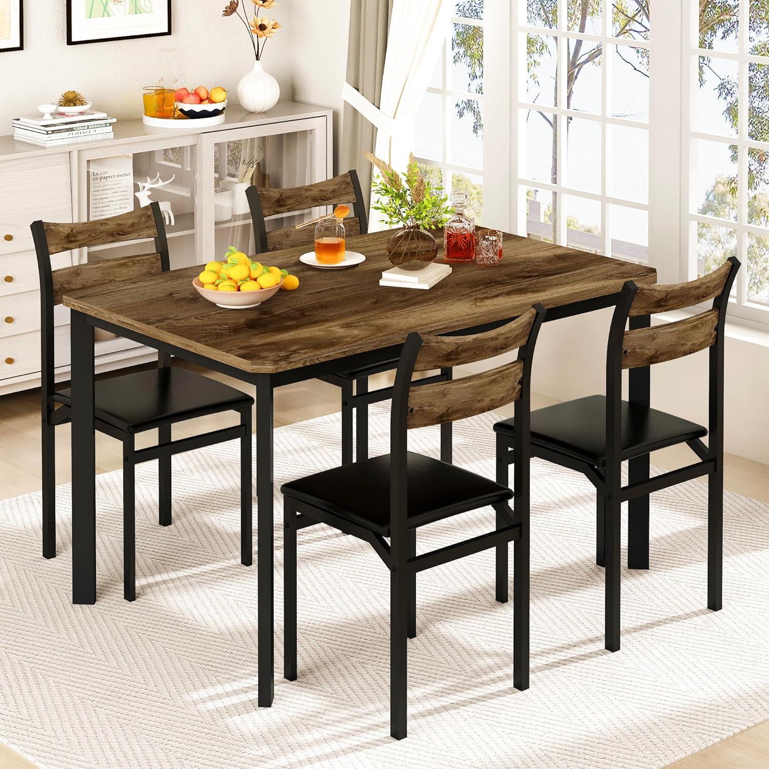 Dining Table Set for 4, 43.3" Dining Room Table with 4 Upholstered PU Leather Chairs, Modern Wood Kitchen Table and Chairs Set, 5-Piece Dinette Set for Breakfast Nook, Small Places, Brown