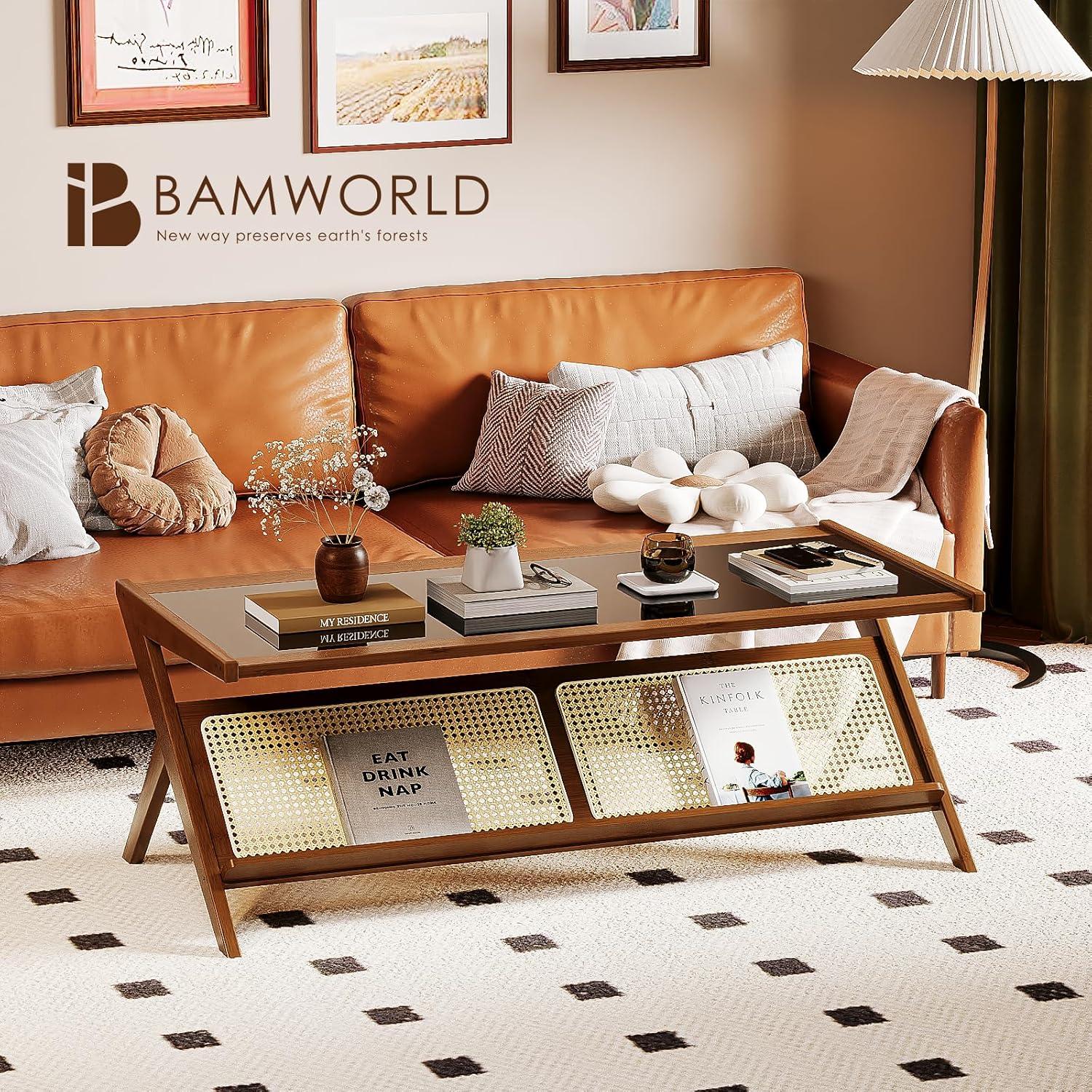 Bamworld Mid-Century Modern Coffee Table with Glass Top Rattan Center Table with Storage for Living Room Table Brown