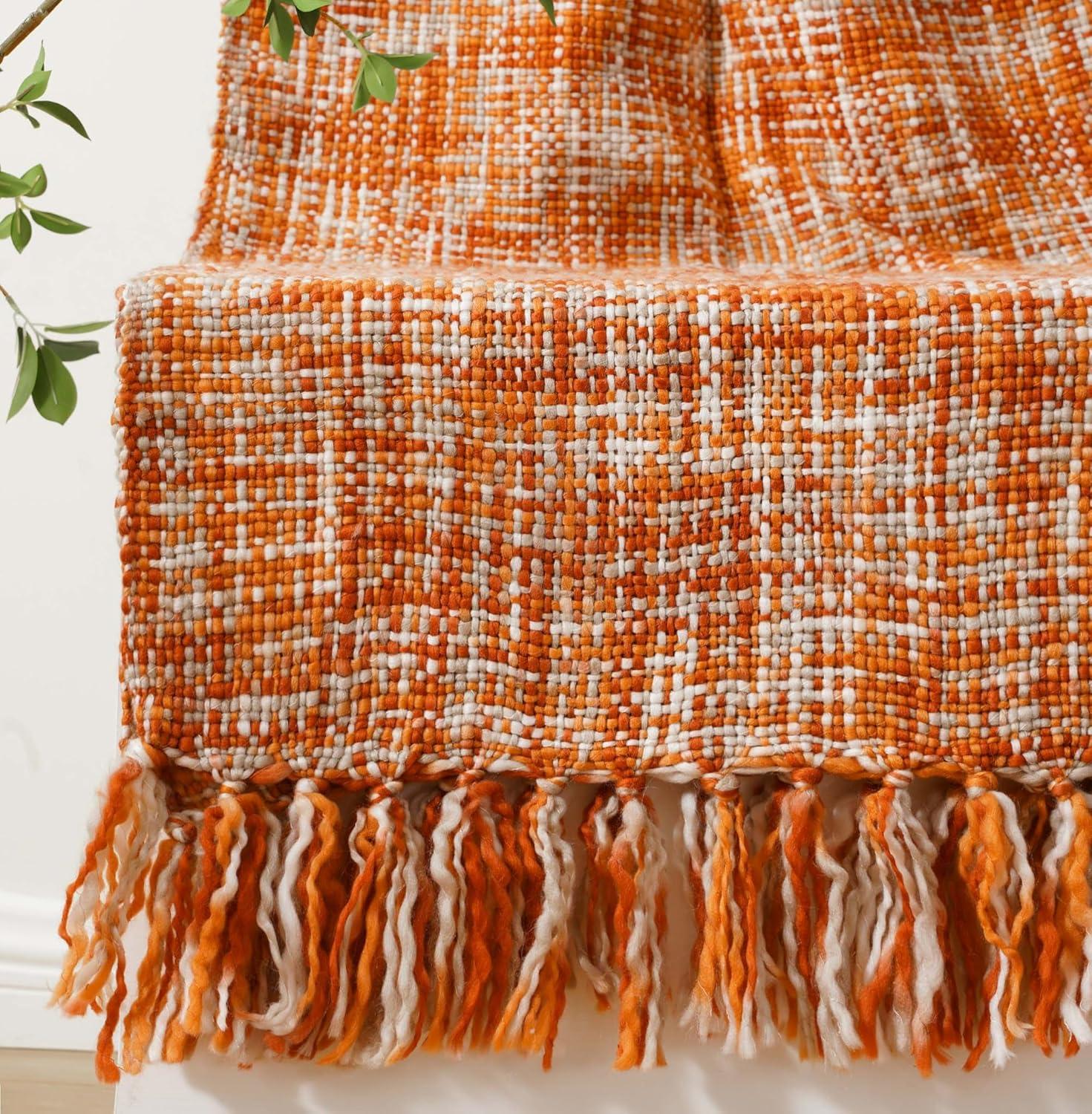Brick Red Knitted Acrylic Throw Blanket with Fringes, 50"x60"
