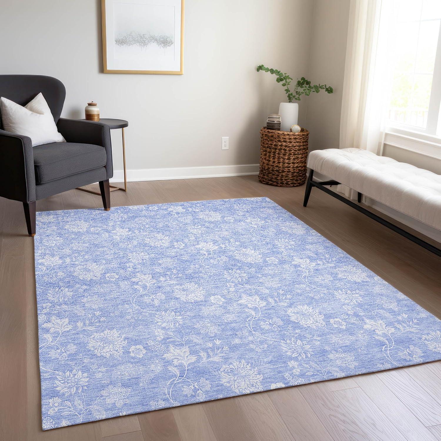 Sky Blue Floral Synthetic Indoor Outdoor Area Rug