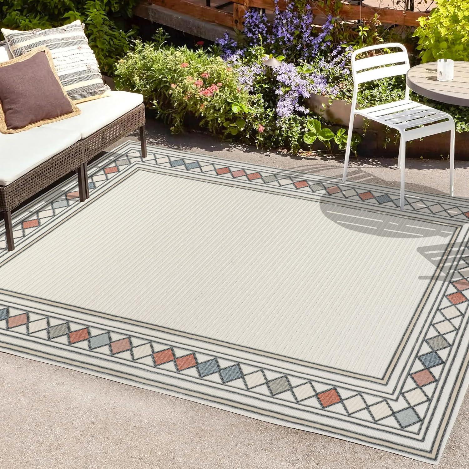JONATHAN Y Sebastian High-Low Modern Diamond Border Ivory/Beige 3 ft. x 5 ft. Indoor/Outdoor Area Rug
