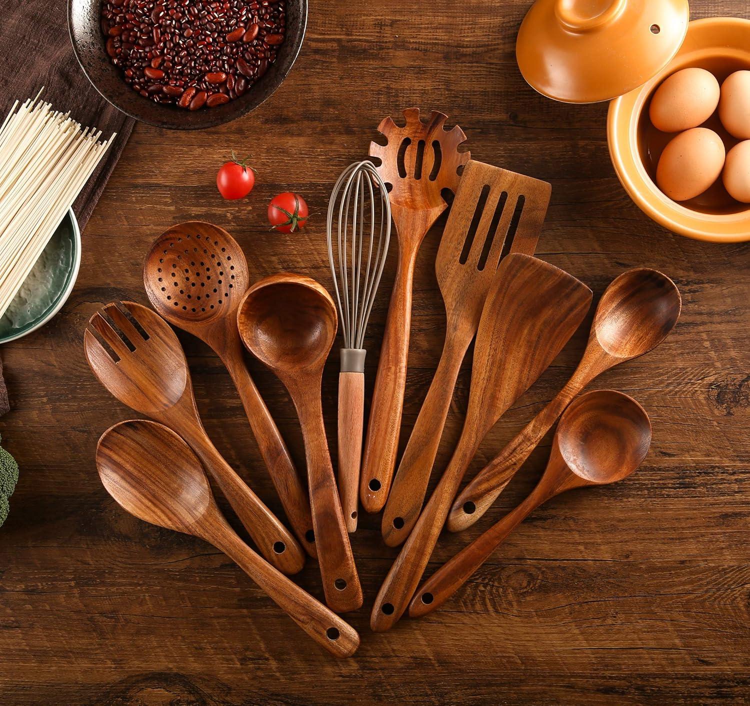 Wooden Kitchen Utensils set With Utensil Holder KOSMIKO 11 PCS Teak Wooden Cooking Spoons and Spatula for Cooking including Spoon Ladle Fork.