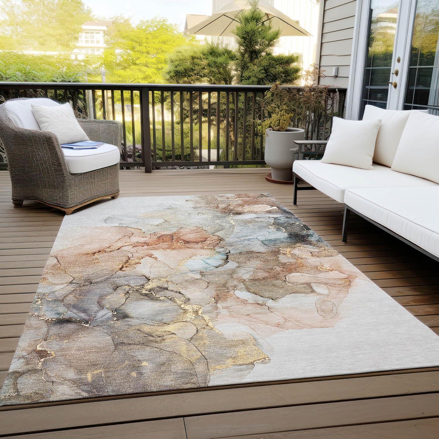 Beige and Brown Watercolor Synthetic Washable Rug