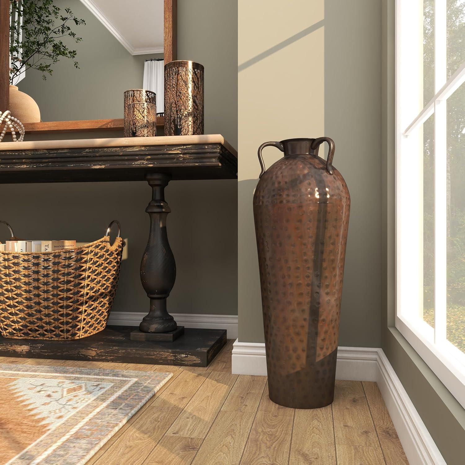 DecMode 28" Tall Floor Mediterranean Style Brown Metal Vase with Hammered Details and Handles