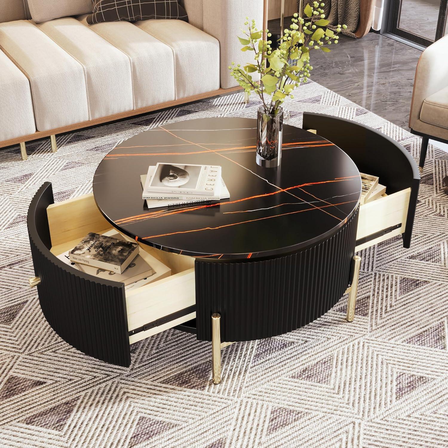 Black Round Coffee Table with Gold Legs and Storage Drawers