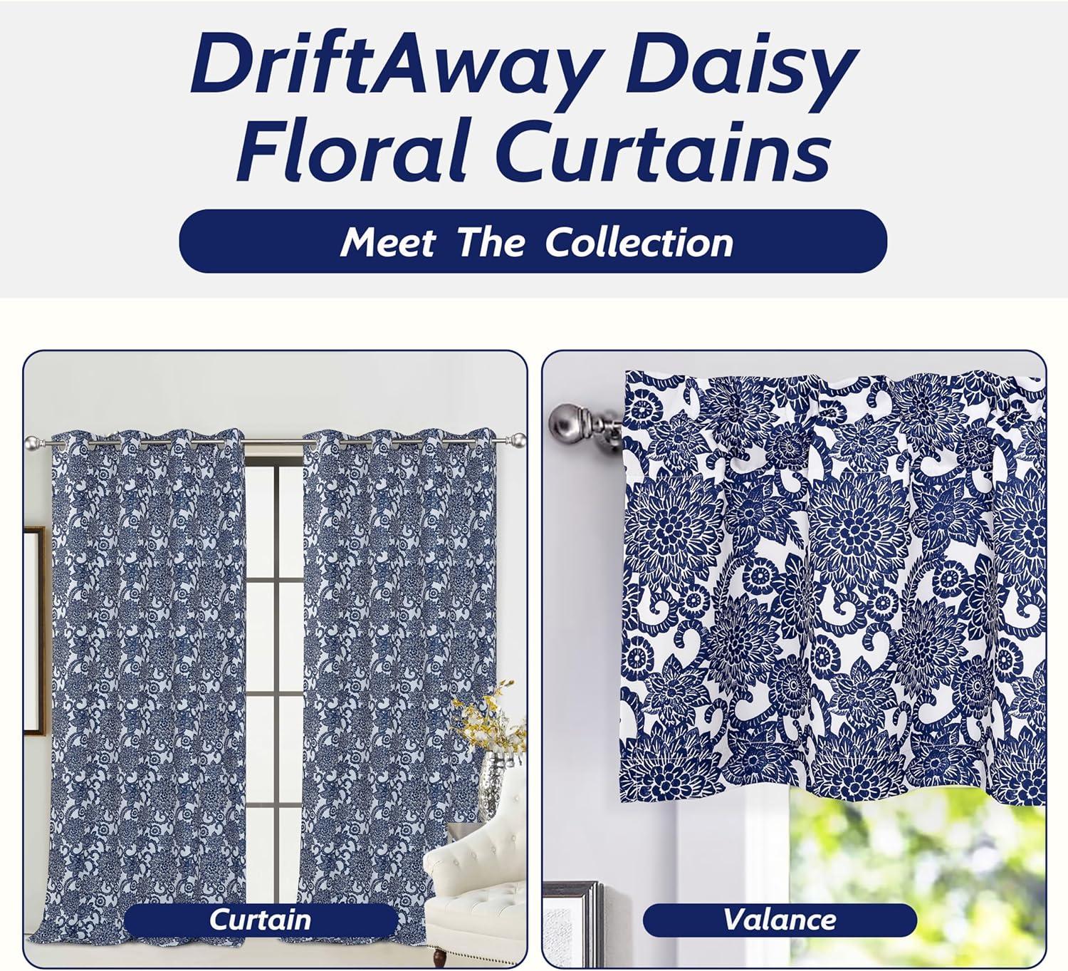 DriftAway Daisy Dahlia Blooming Flower/Floral Lined Thermal Insulated Energy Saving Window Curtain Valance for Living Room/Bedroom/Kitchen, 2 Layers, Rod Pocket, 52"x18"+2’’Header (Navy)
