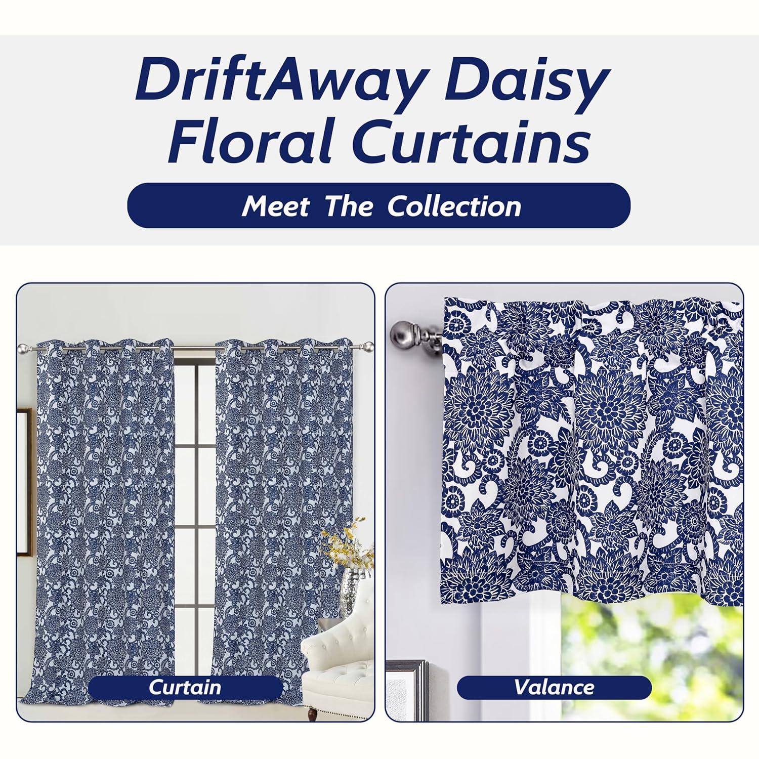 DriftAway Daisy Dahlia Blooming Flower/Floral Lined Thermal Insulated Energy Saving Window Curtain Valance for Living Room/Bedroom/Kitchen, 2 Layers, Rod Pocket, 52"x18"+2’’Header (Navy)