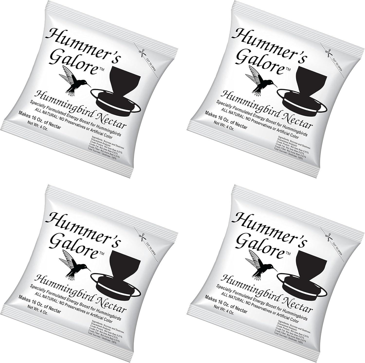 Hummer's Galore Hummingbird Food - Ready-to-Mix Hummingbird Nectar, All-Natural Nectar Collector Formula, No Preservatives or Dyes, Makes 64 Ounces (4 Packets Included)