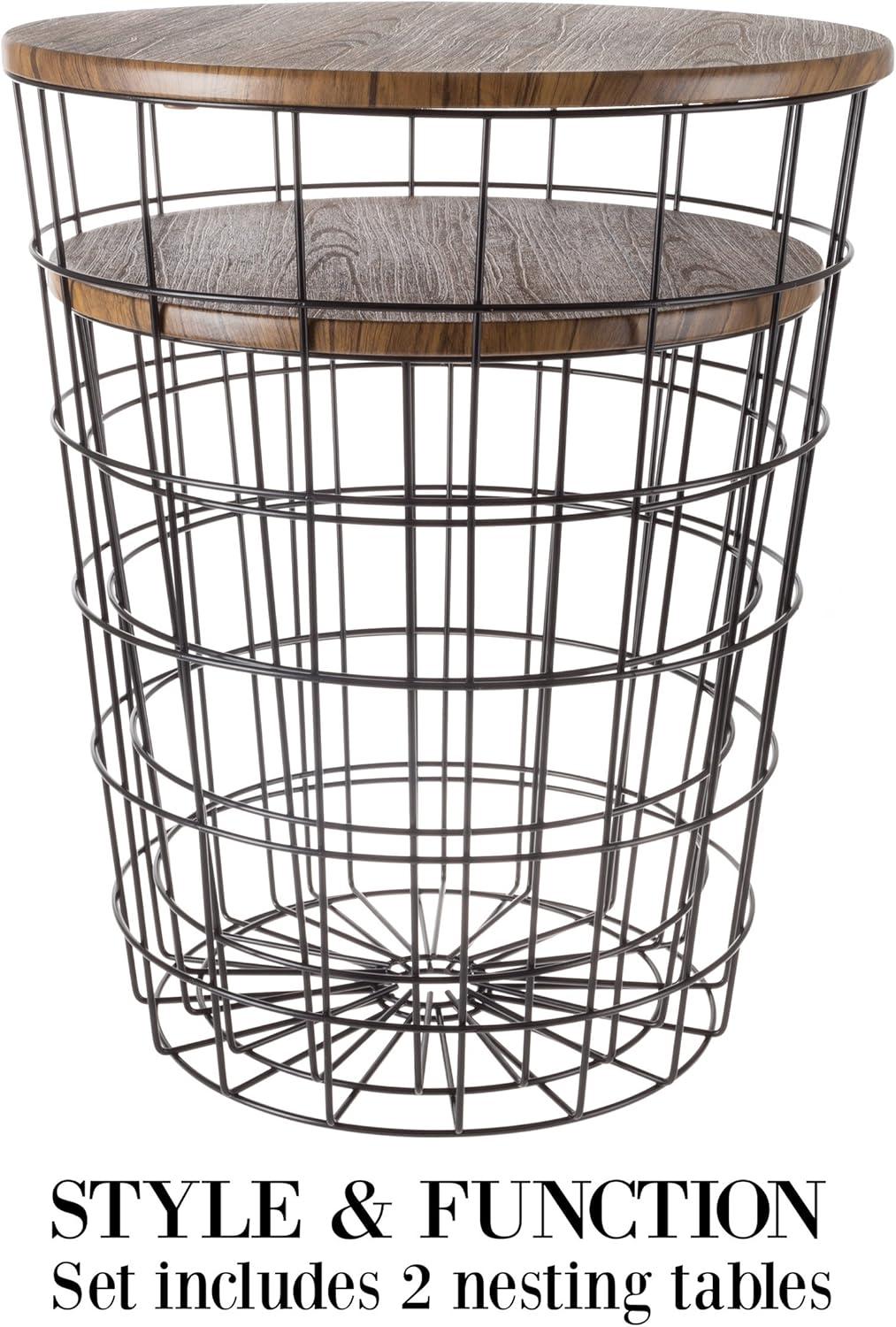 Round Wood and Metal Nesting Side Tables with Storage