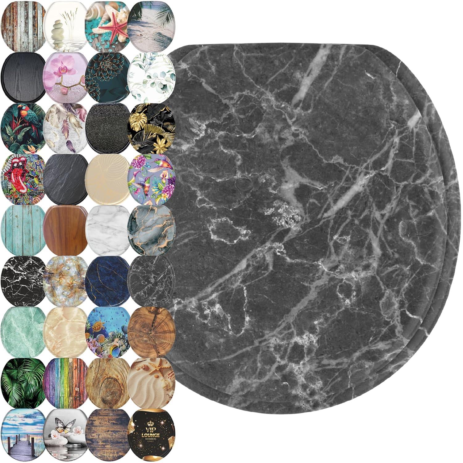 Sanilo Toilet Seat ROUND with Soft Close, Quiet and Slow Close Lid and Seat, Strong Bumpers and Hinges, Marble Gray