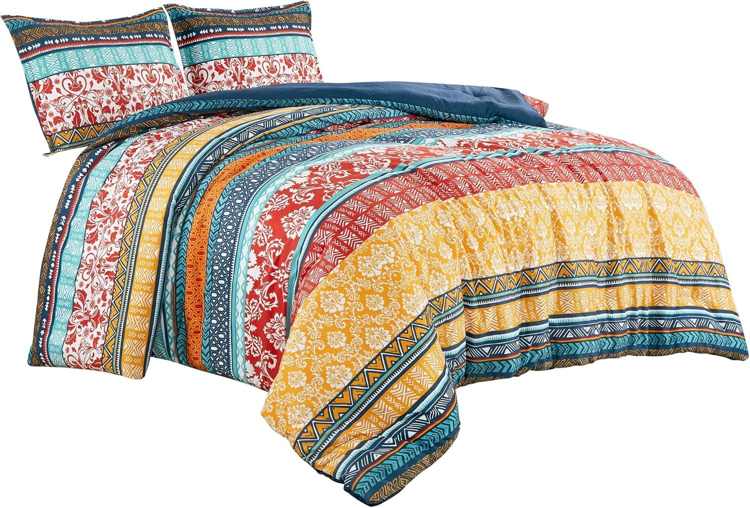 Chezmoi Collection Amara 3-Piece Boho Stripe King Comforter Set, Floral Colorful Bohemian Printed Microfiber Lightweight Bedding Set