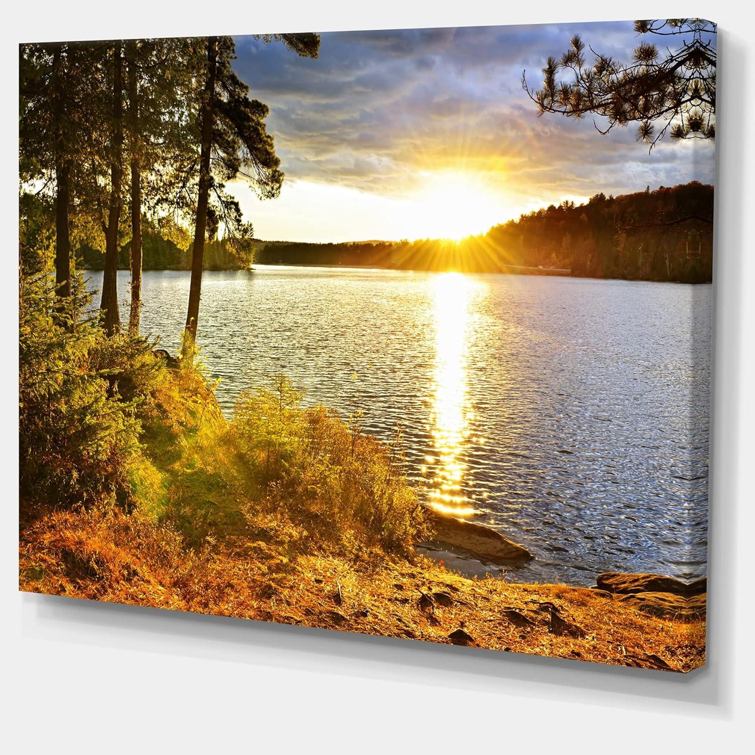 Golden Sunset Over Lake Landscape Canvas Print