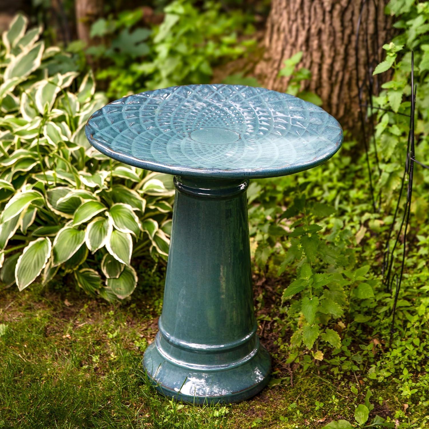 Red Barrel Studio® Trenasia Freestanding Ceramic Outdoor Bird Bath with UV-Resistant Blue Lava Finish