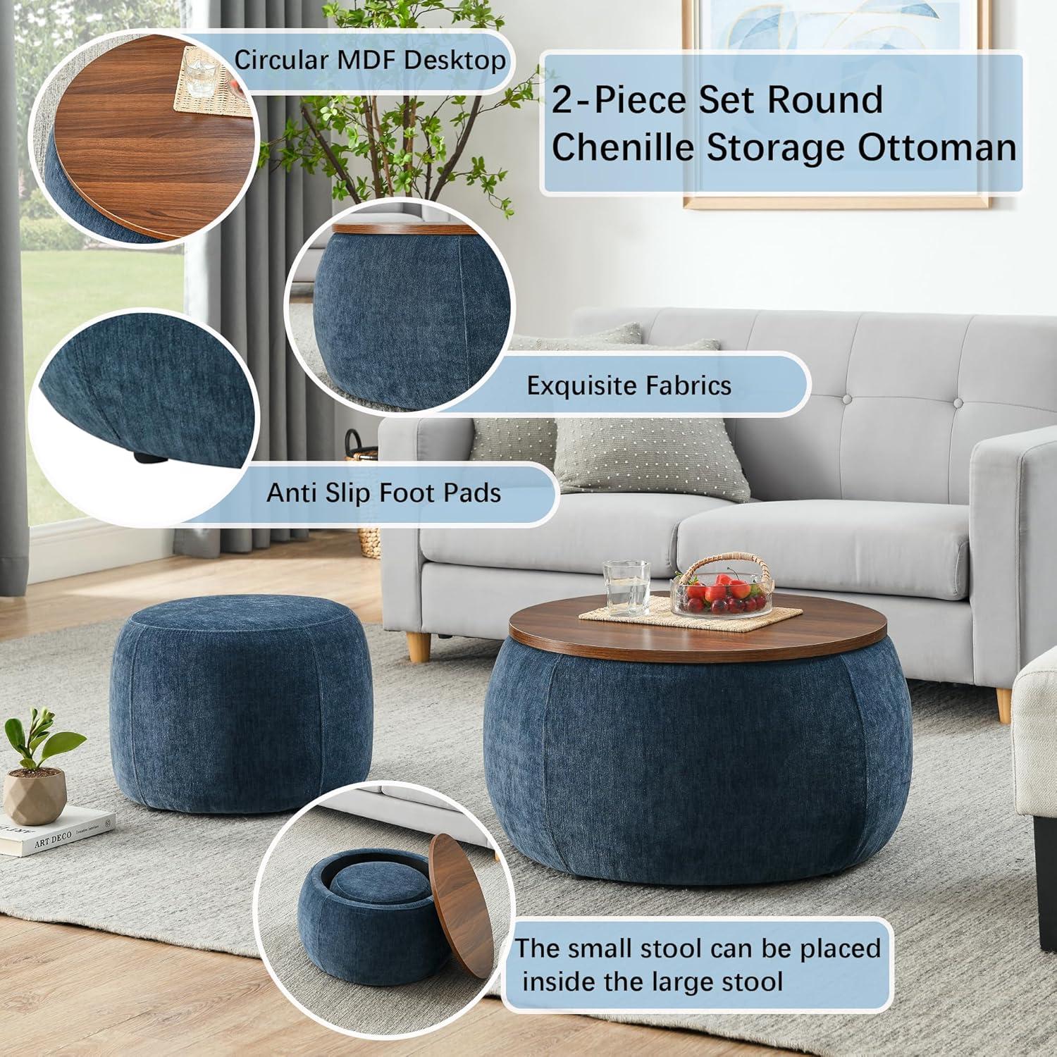 2-Piece Set Round Chenille Storage Ottoman, Equipped with a Drum Shaped Small Stool, Storage Space, and MDF Made Desktop Panel (Dark Blue, 25"x25"x14.7")