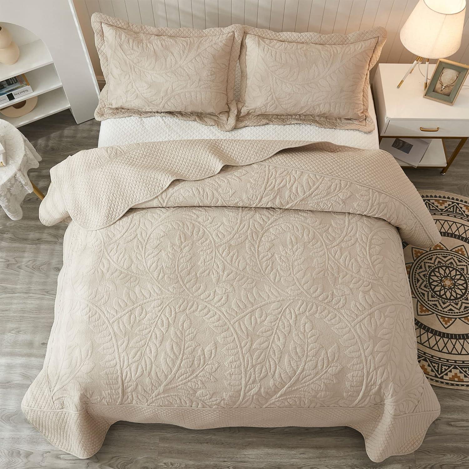 MarCielo  3 Piece Cotton Oversized Bedspread Quilt Set Tmonica Natural Beige - Oversized King