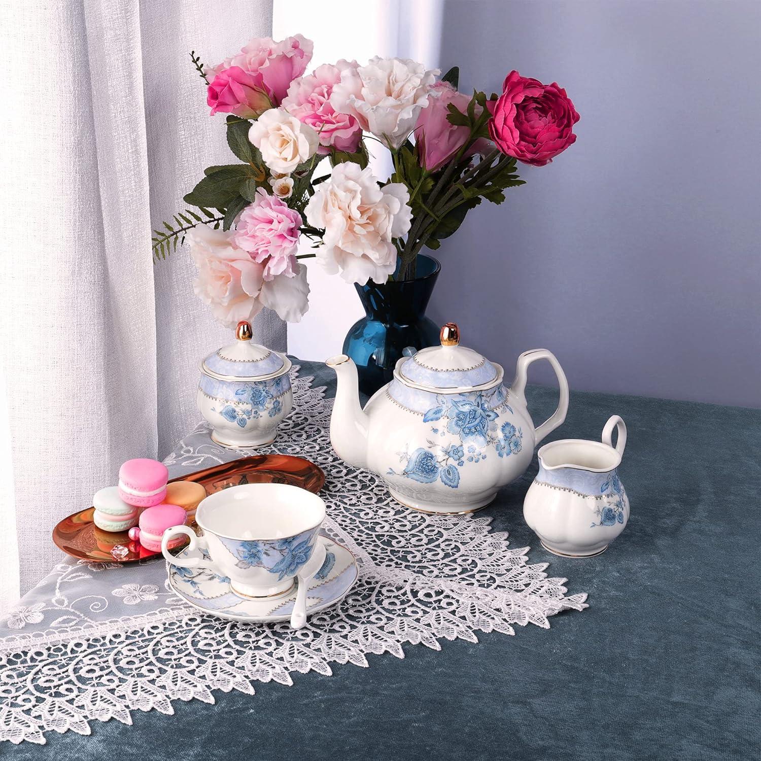 DOFLIC Porcelain Tea Set, Tea Cup and Saucer Set Service for 6, Wedding Tea Set