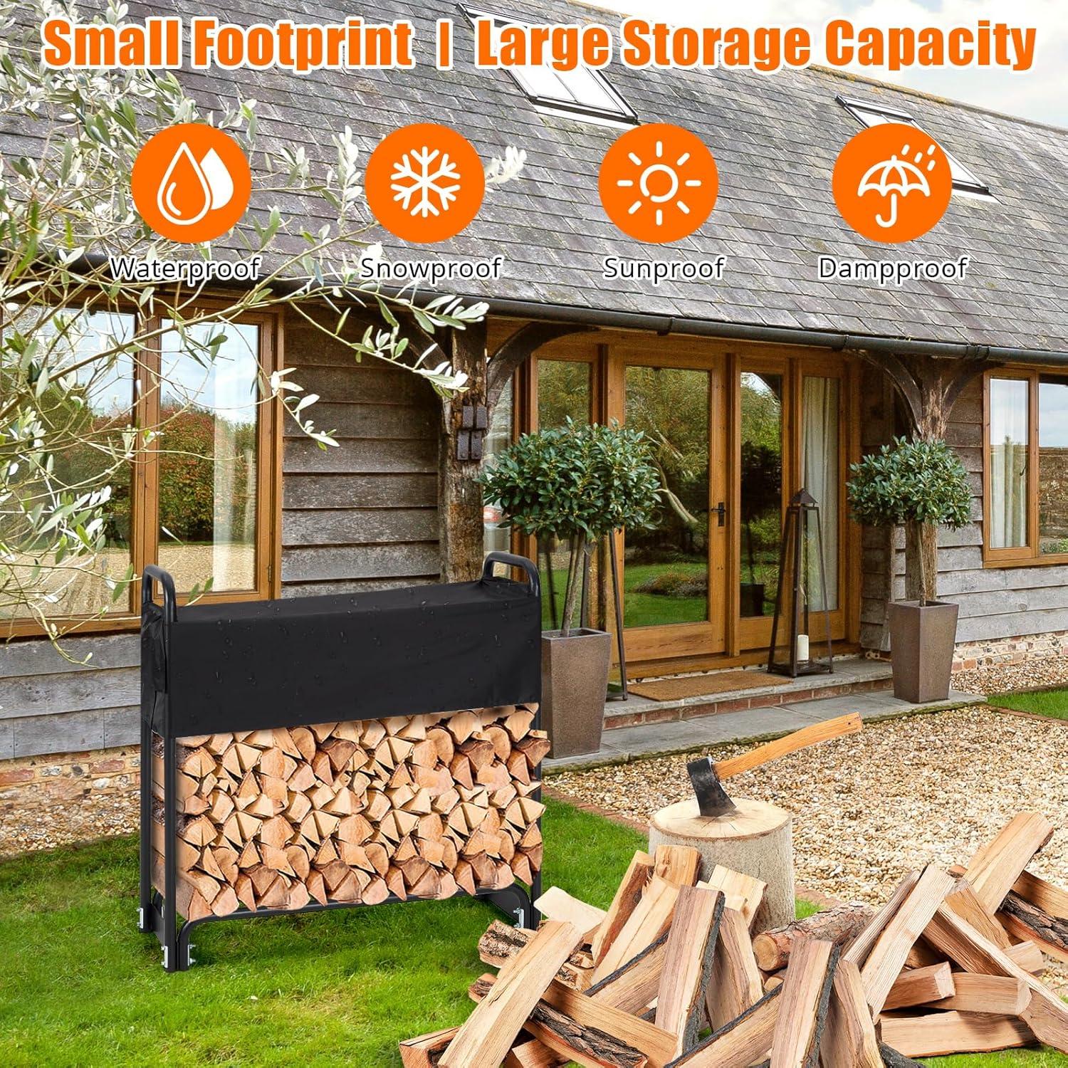 4ft Black Steel Firewood Rack with Weather-Resistant Cover