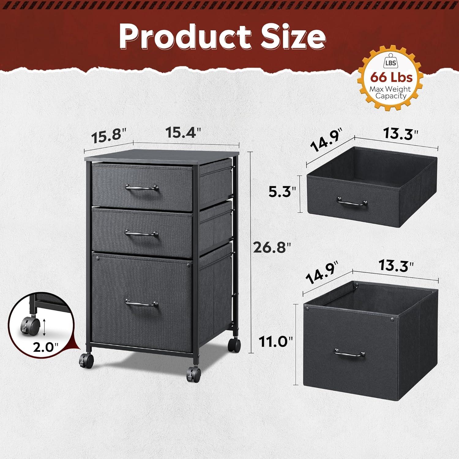 Black Fabric 3-Drawer Mobile File Cabinet with Steel Frame