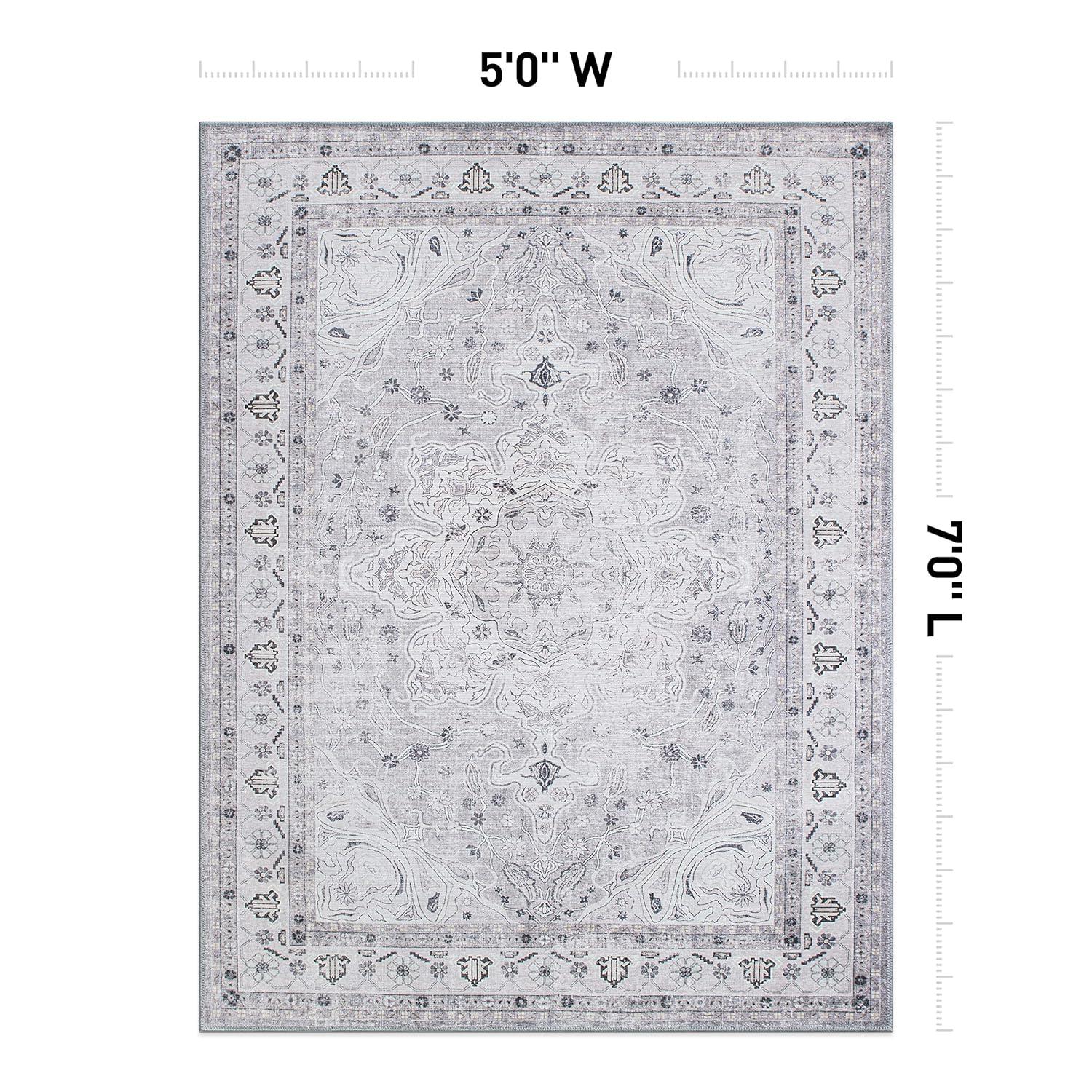 World Rug Gallery Transitional Medallion Machine Washable 5'x7' Gray Area Rug:  Stain-Resistant,  Flat Pile,  Indoor Use