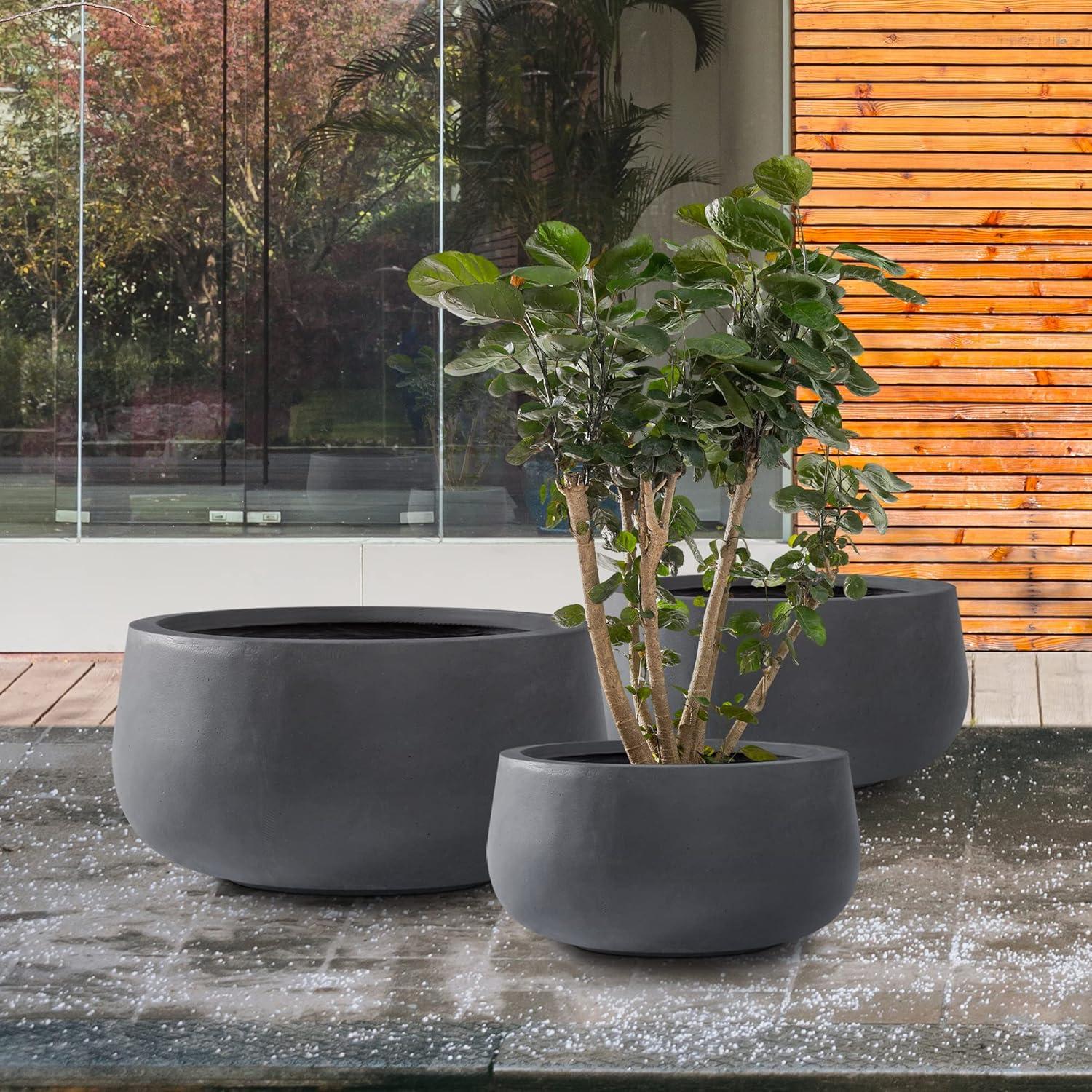 Charcoal Round Concrete Planters Set of 3 with Drainage Holes