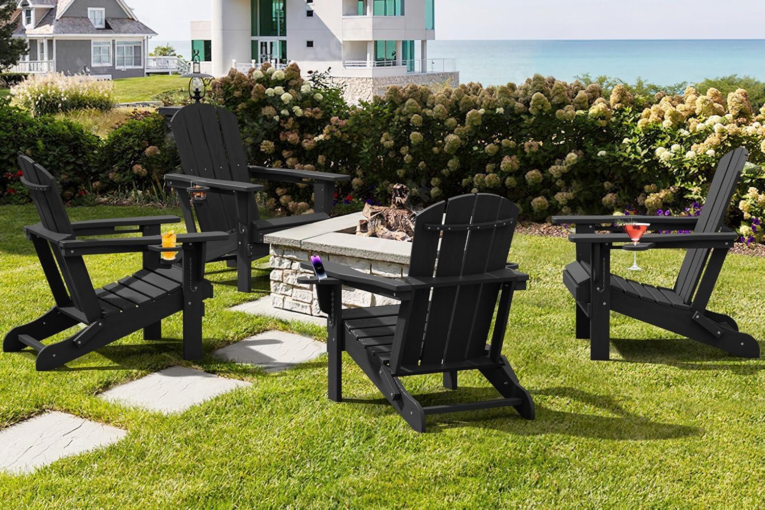 2PCS Folding HDPE Adirondack Chair with 4 in 1 Cup Holder Tray, Outdoor Patio Plastic Adirondack Chairs Weather Resistant, Black