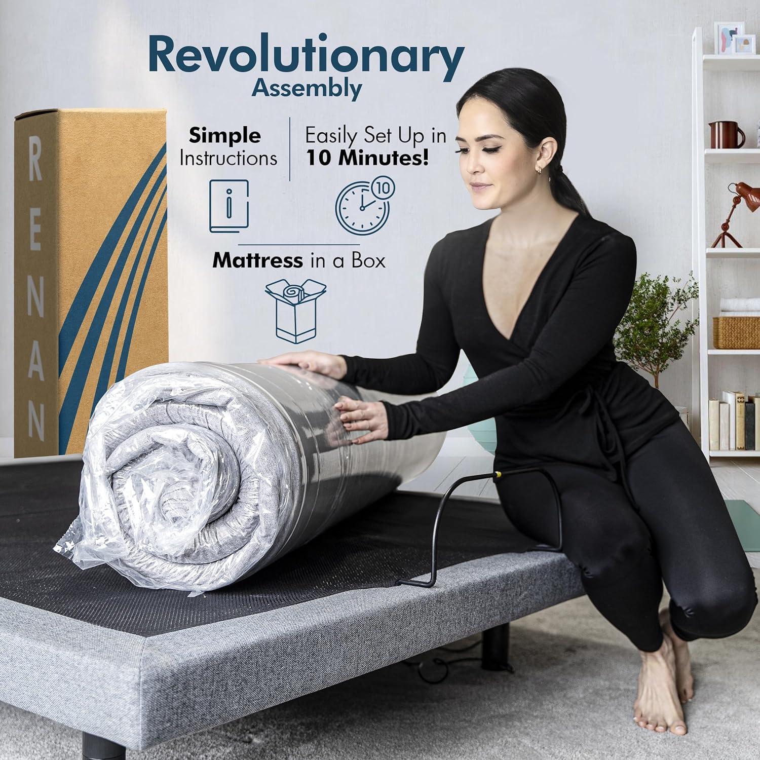 Renanim Serenityflex Adjustable Base & Hybrid Mattress – Split King-Size Adjustable Base with 12 in. Cooling Gel Mattress, Massage, USB Ports, Remote & Under-Bed Light – Reclining Electric Bed Frame