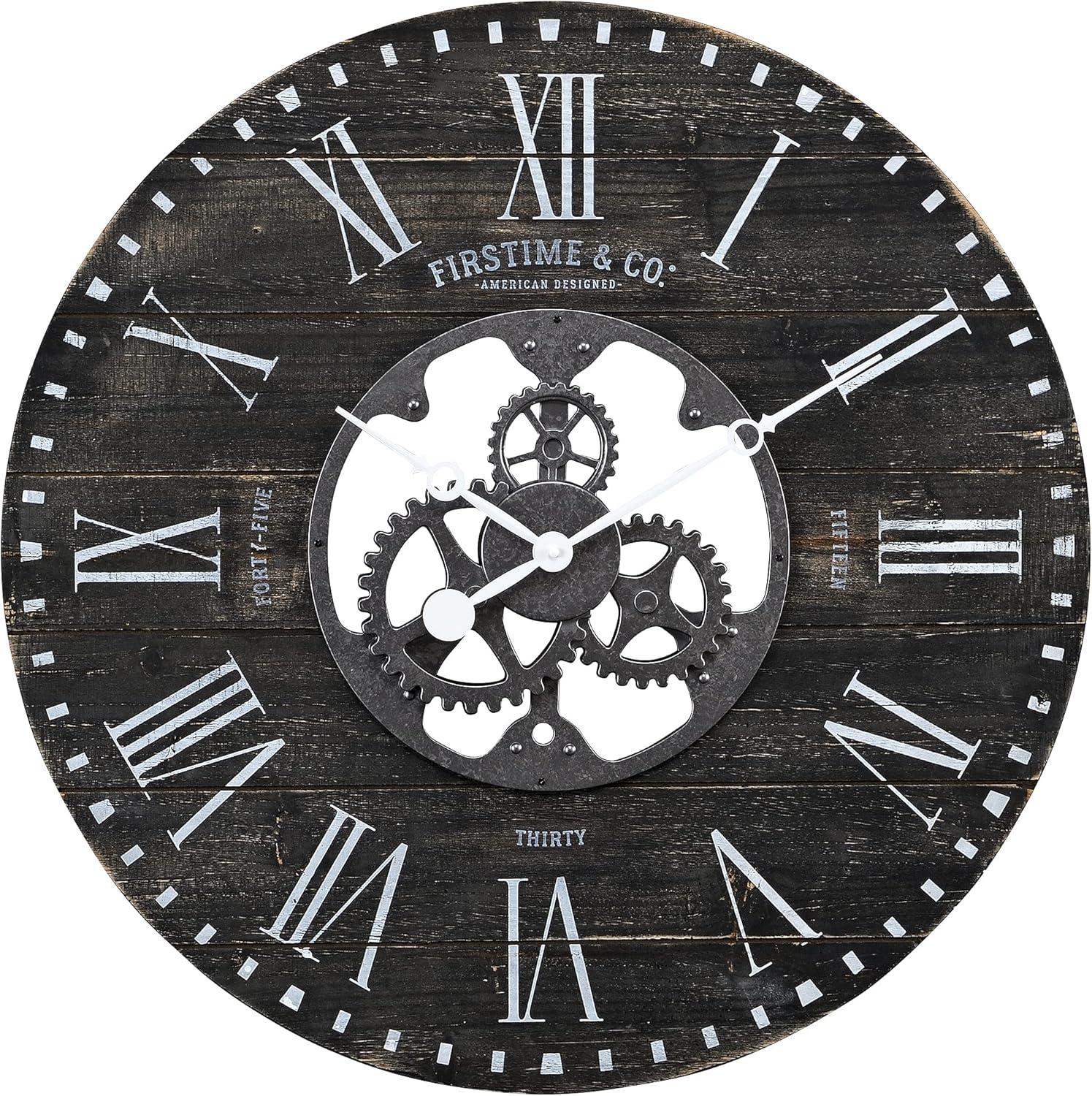 Oversized Black Shiplap Gears Wall Clock with Metal Hands