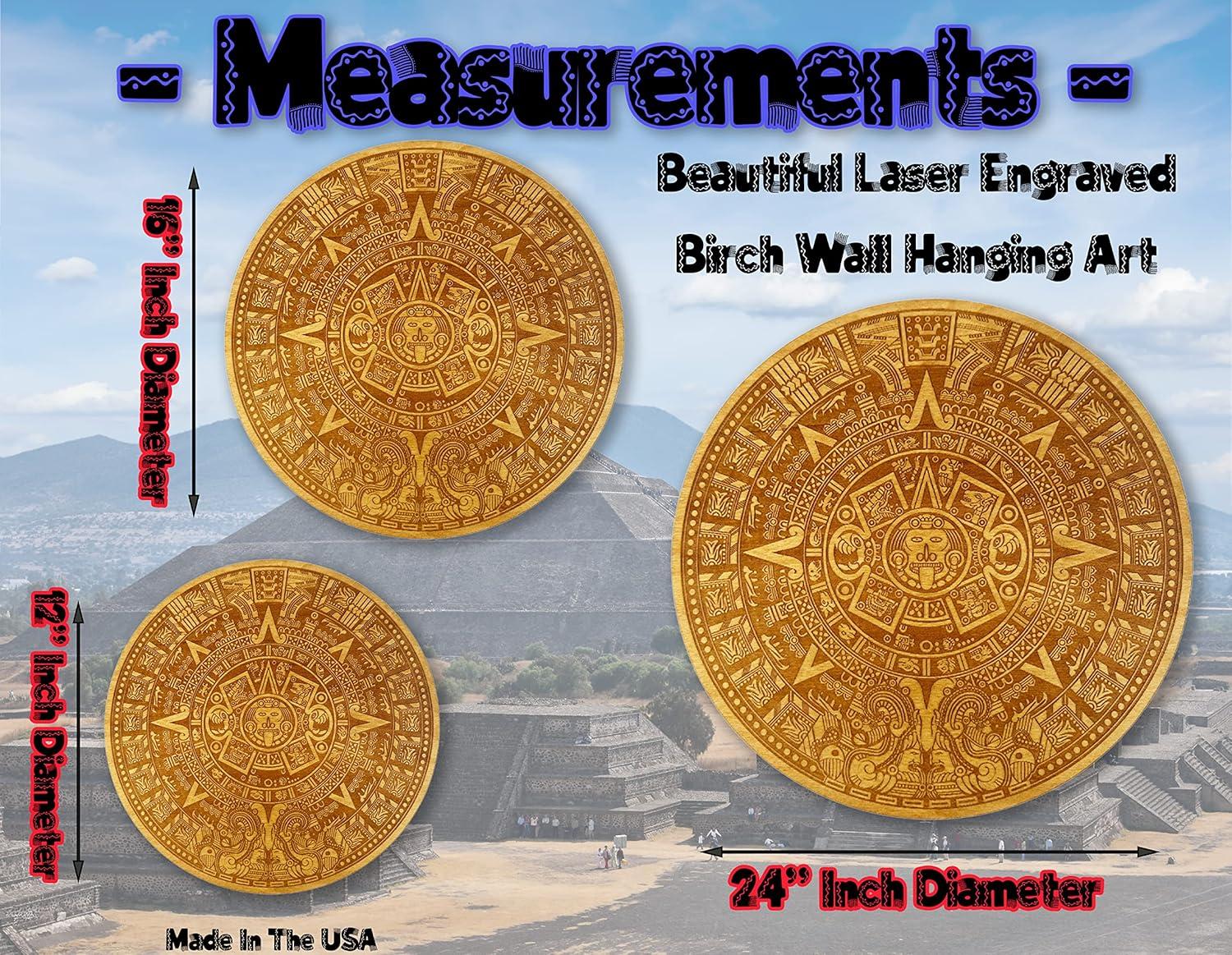 Urbalabs Wood Aztec Calendar Wall Decor 12" Inch Wall Hanging Mexico Aztec Calendar Mayan Calendar Cinco De Mayo Mexican Sun Azteca Calendario Laser Engraved Made In USA (12 Inch)