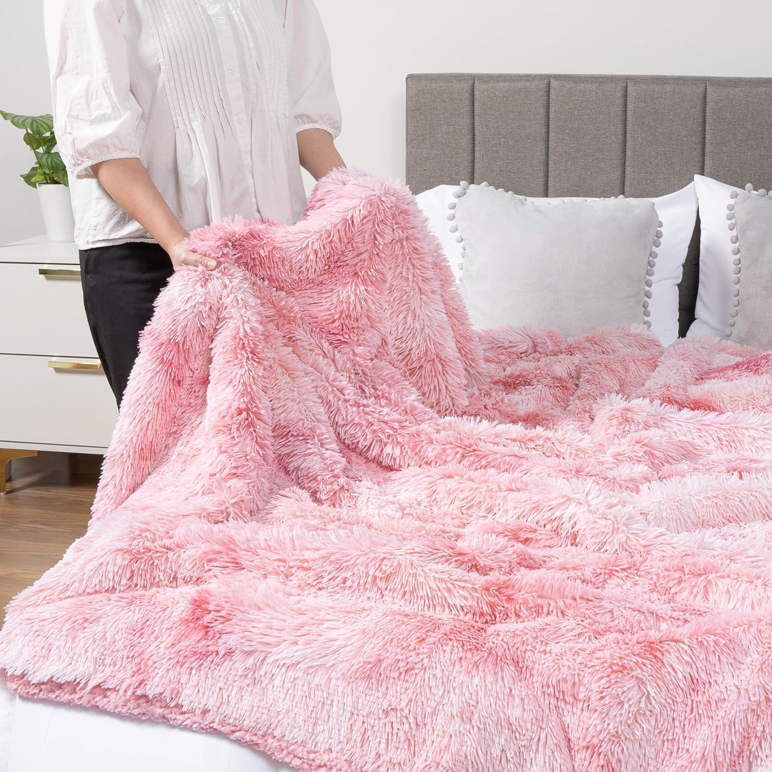 PAVILIA Fluffy Faux Fur Reversible Throw Blanket for Bed, Sofa, and Couch