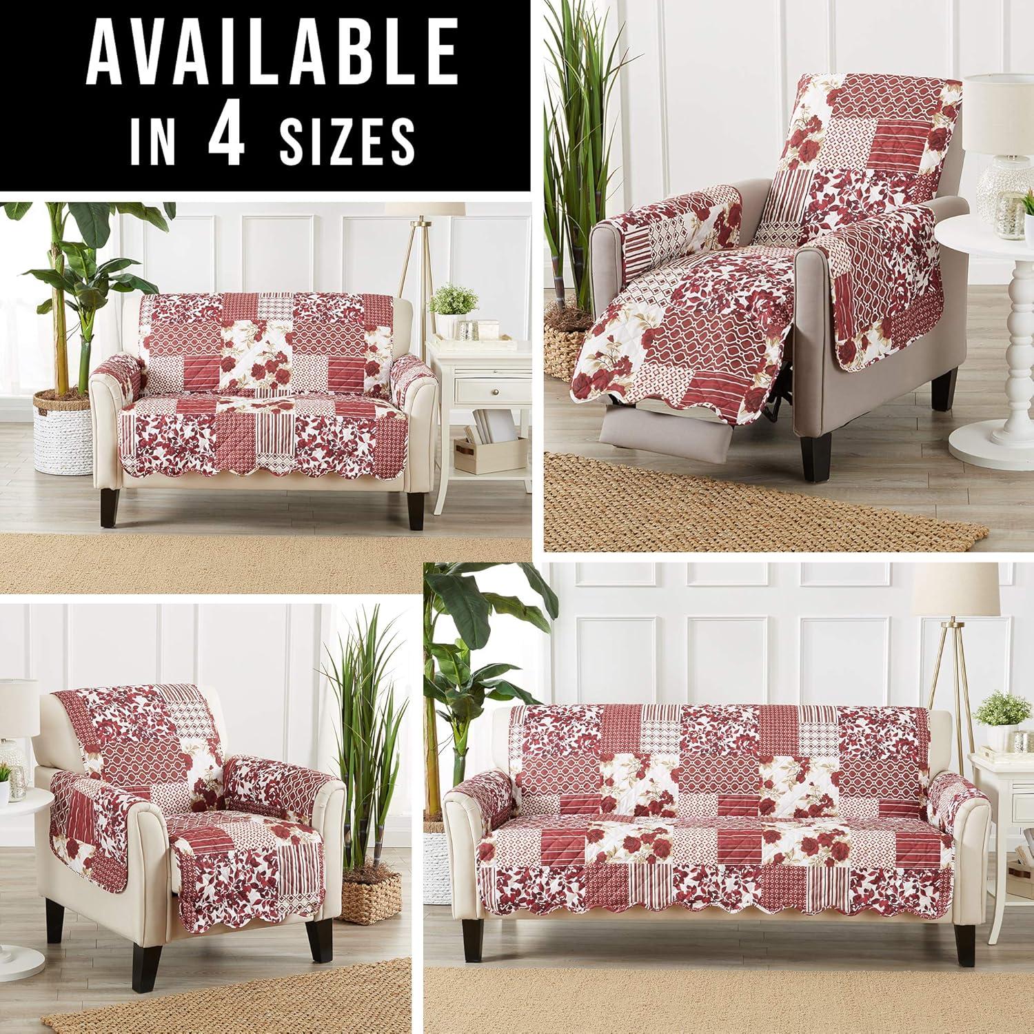 Reversible Stitched Patchwork Sofa Furniture Protector - Great Bay Home(Loveseat, Burgundy)